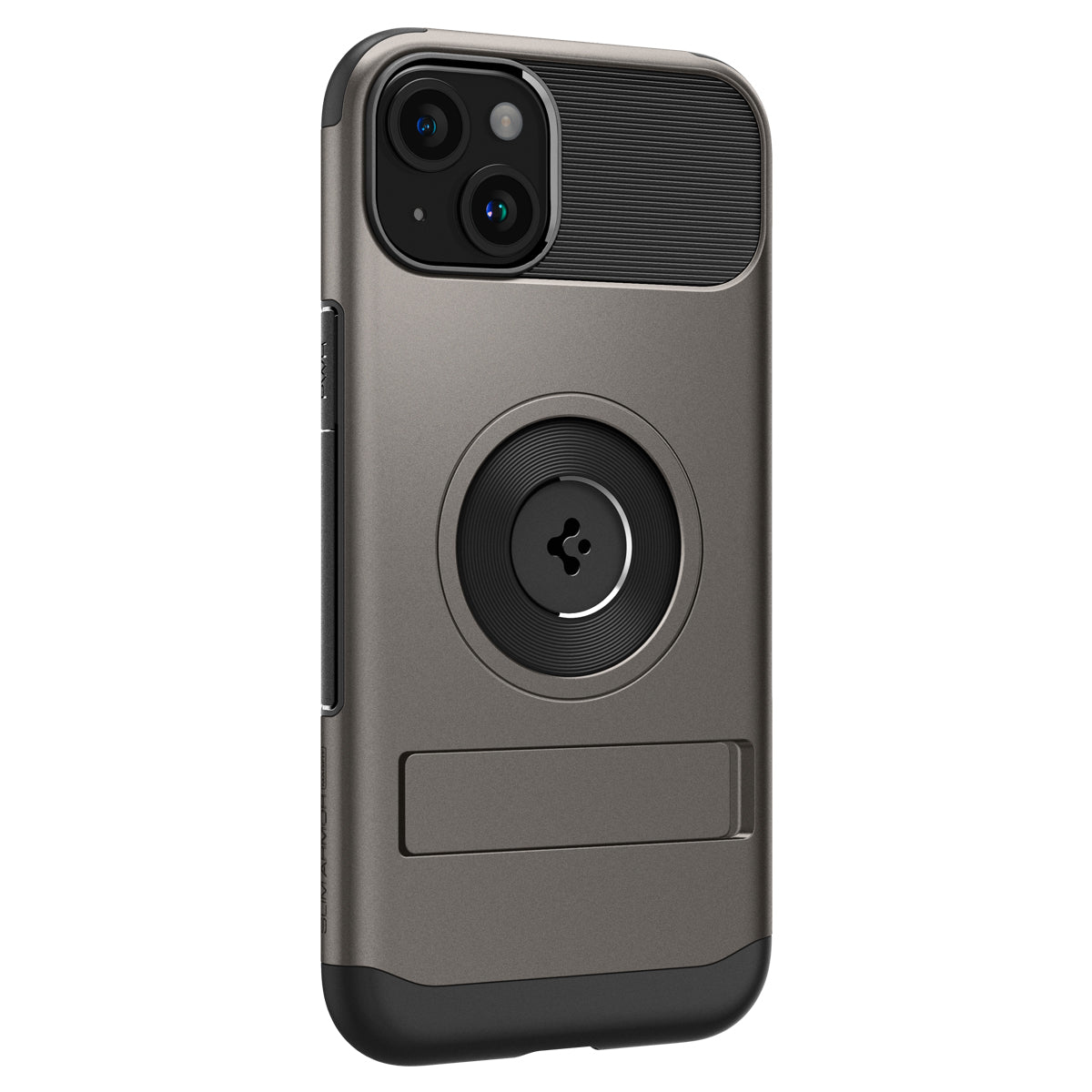 A gray phone case with a black accent and kickstand on a white background.