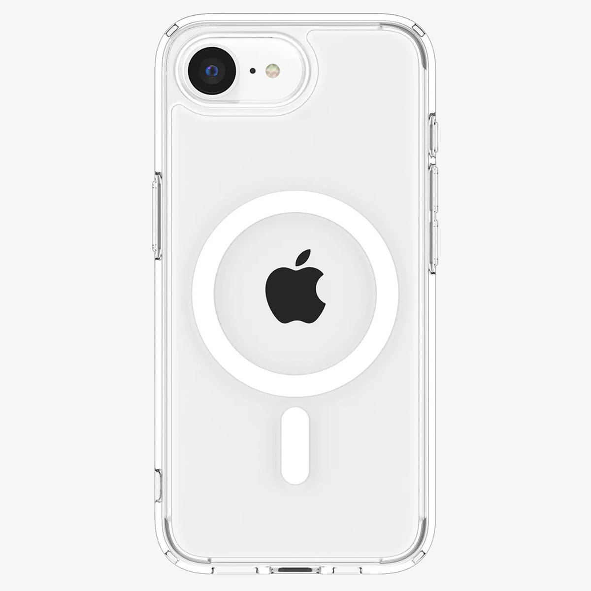 Een doorzichtig telefoonhoesje met een witte MagSafe-ring rond het Apple-logo op een witte achtergrond.