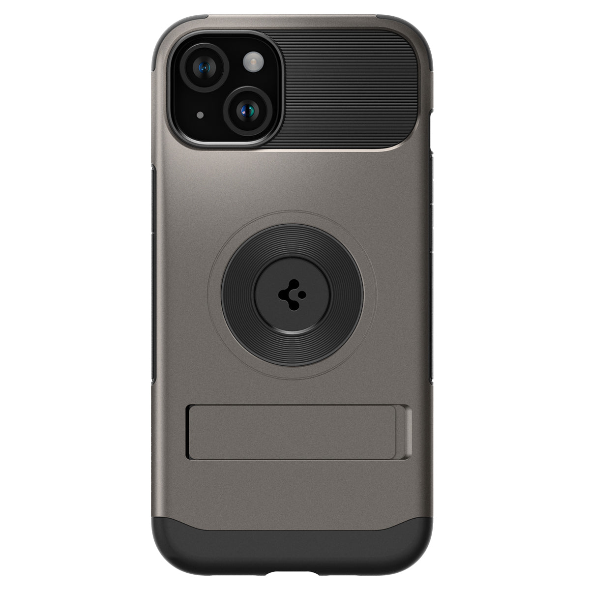 A gray phone case with a black accent and kickstand on a white background.