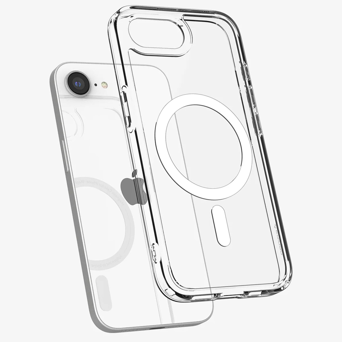 Een doorzichtig telefoonhoesje met een witte MagSafe-ring rond het Apple-logo, met een telefoon erin.