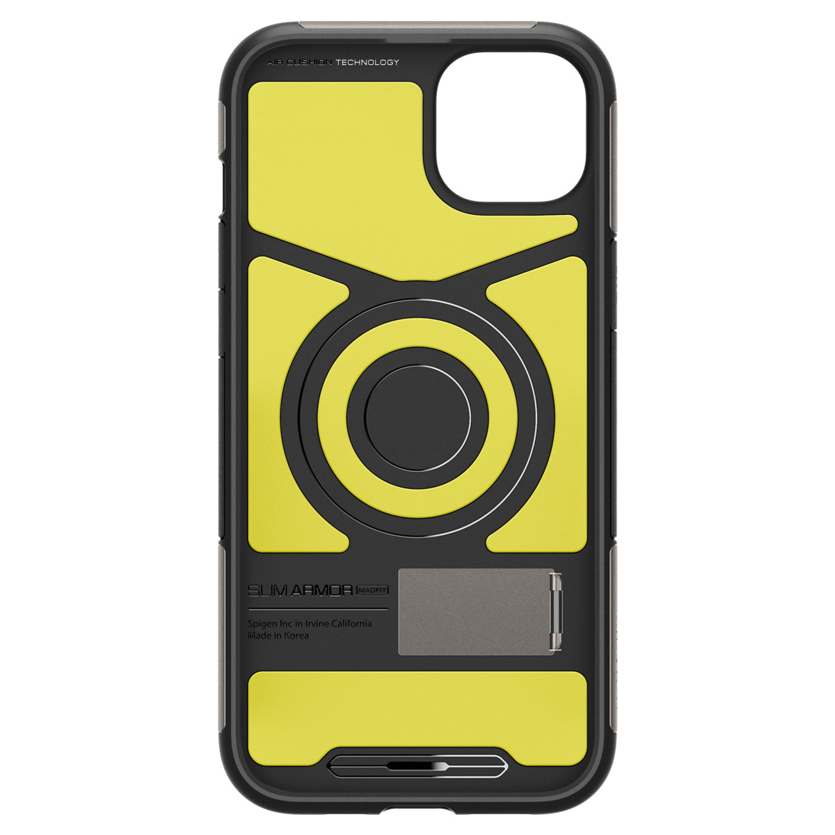 The image shows a yellow and black phone case with a stand on a white background.
