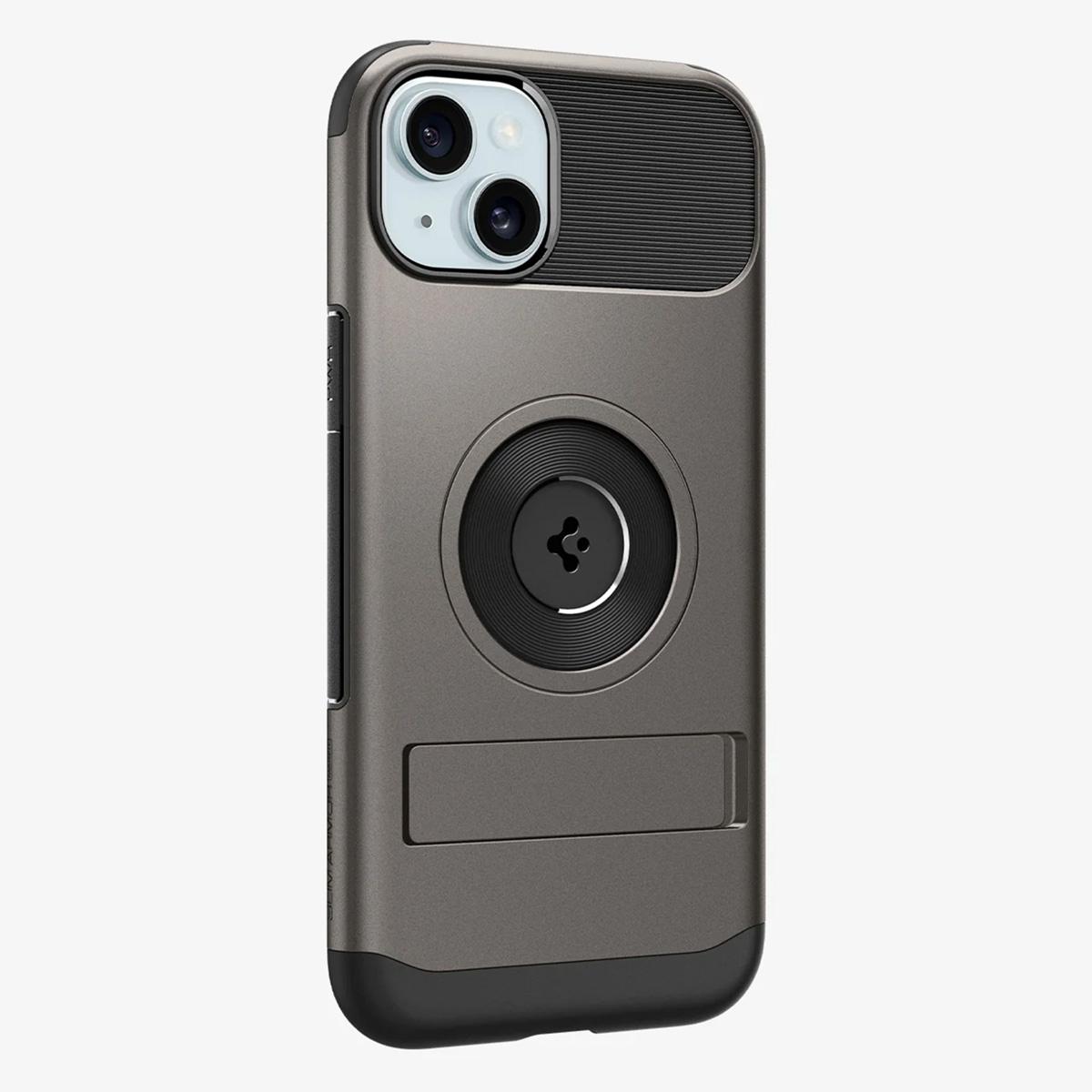 The image shows a gray phone case with a black circle on a white background.