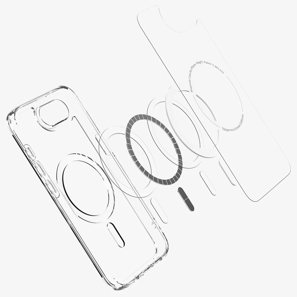 De afbeelding toont een doorzichtig telefoonhoesje met MagSafe op een witte achtergrond.