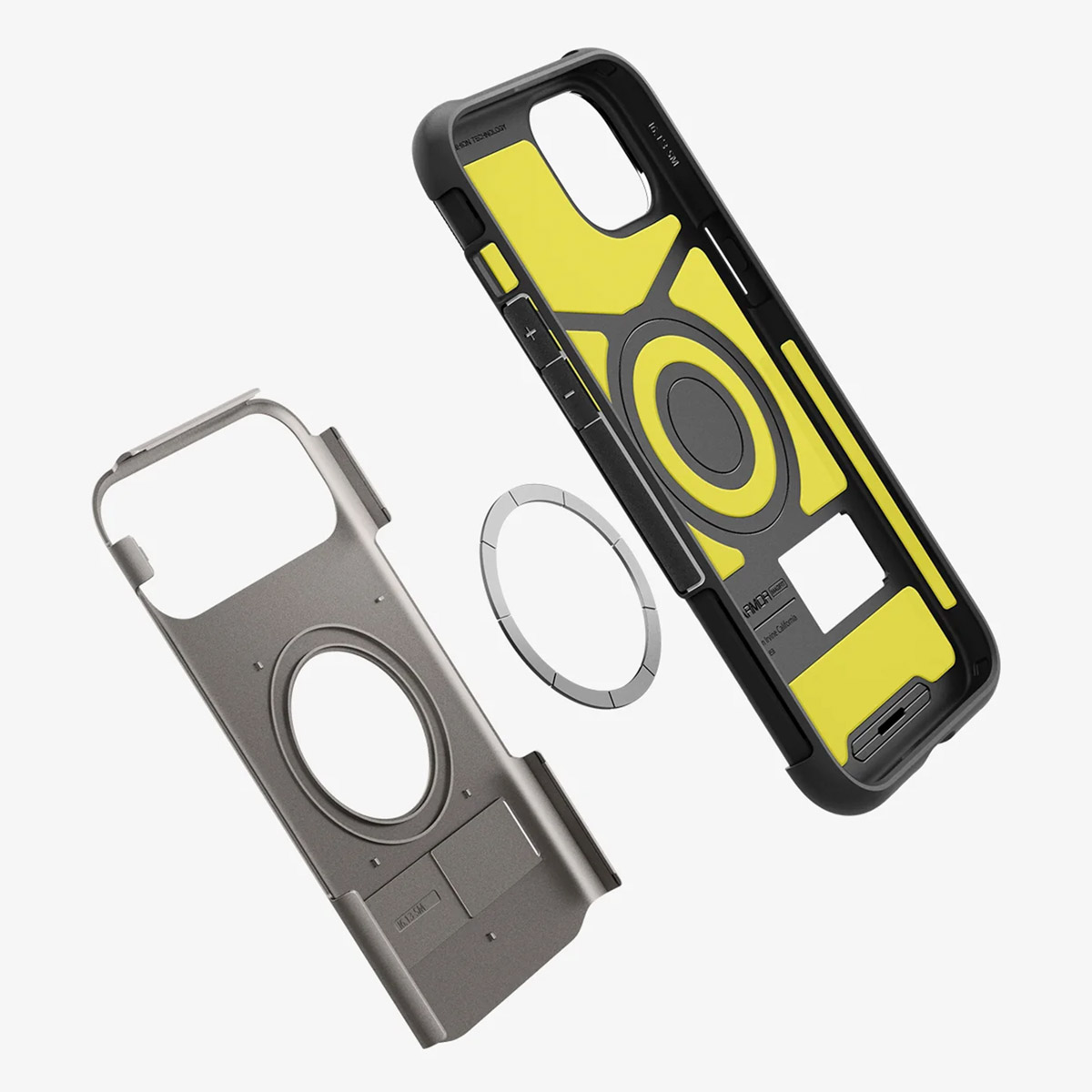 The image shows a disassembled phone case on a white background.