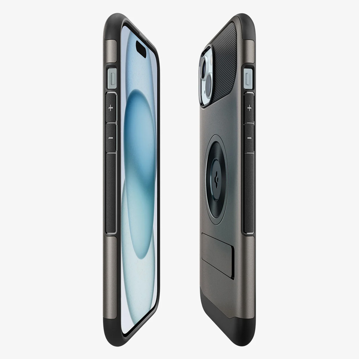 The image shows two gray phones with cases on a white background.