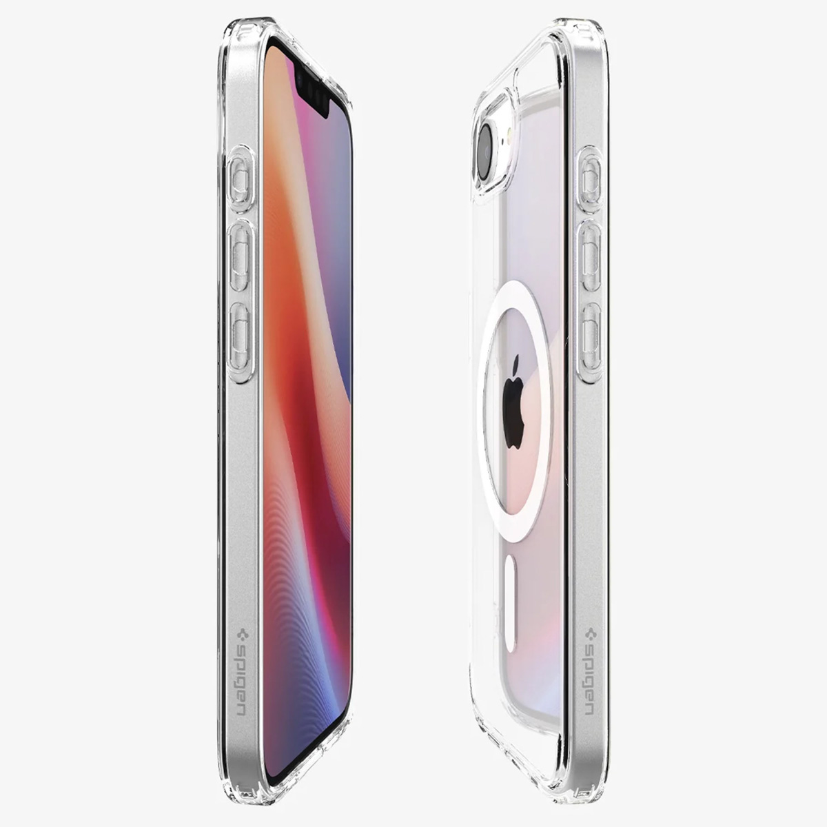 De afbeelding toont twee telefoons met doorzichtige hoesjes op een witte achtergrond.