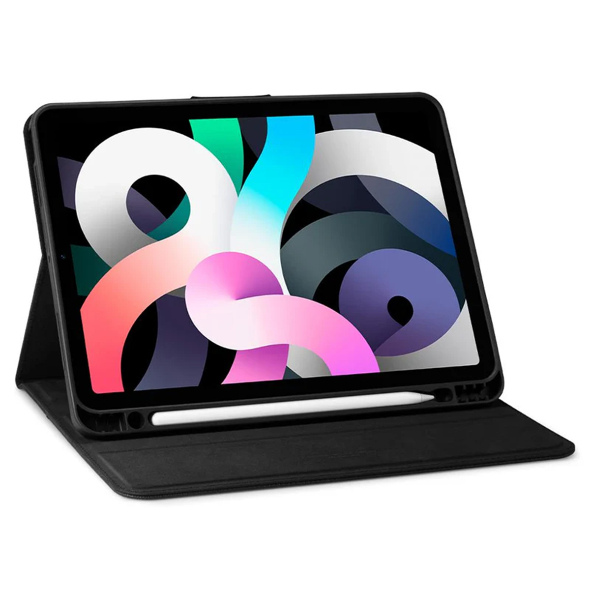 Black iPad Air in a case with a white pencil.