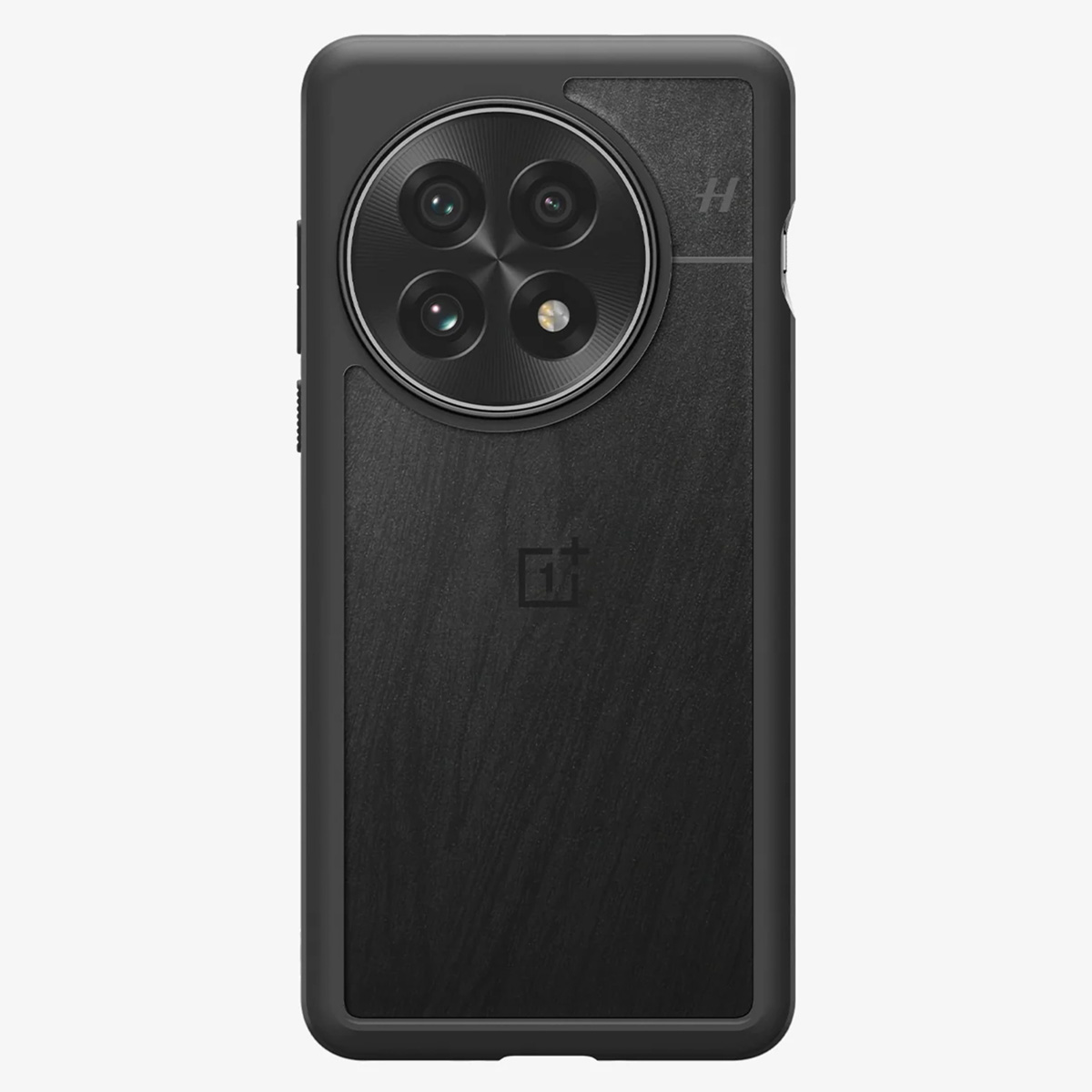 Zwarte telefoonhoes met getextureerde achterkant en camera-uitsparing. OnePlus logo aanwezig.