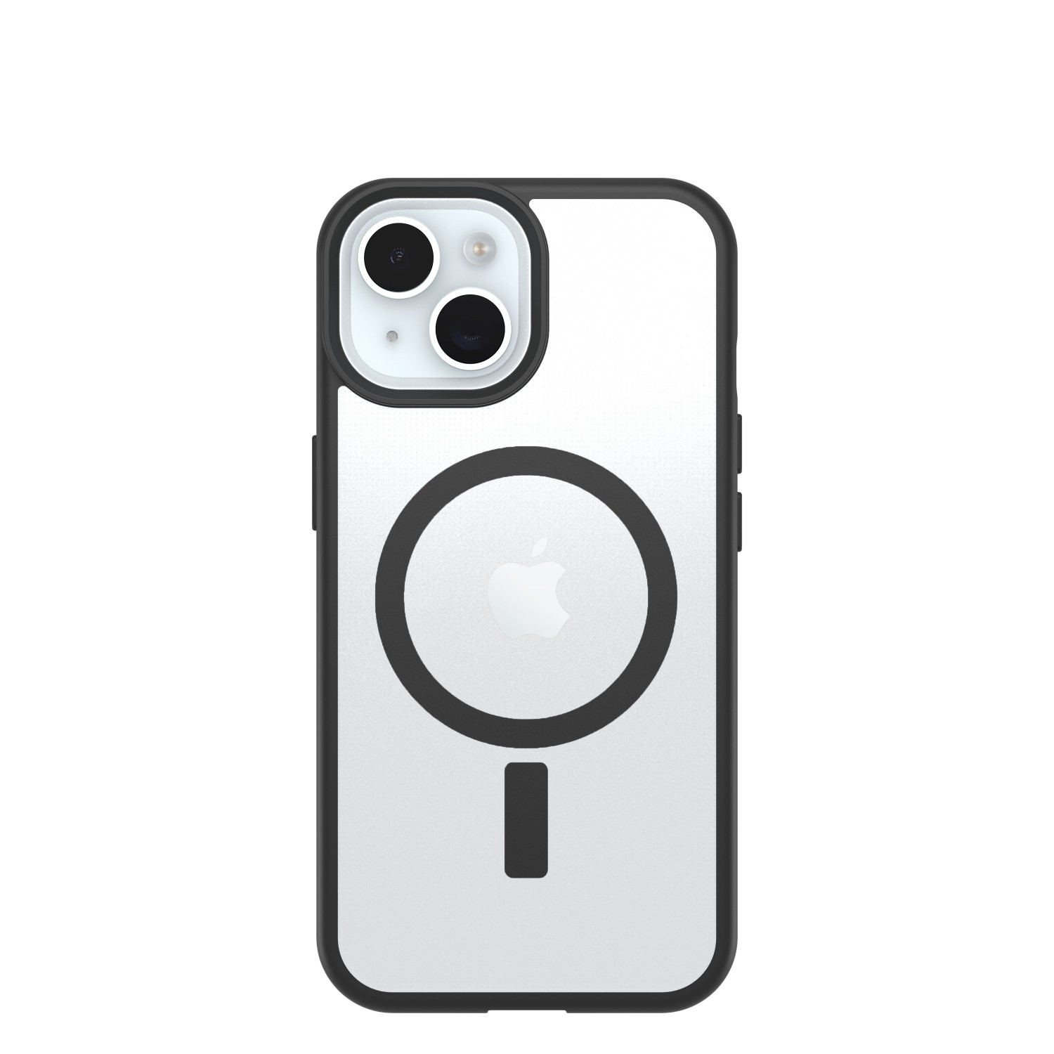 iPhone in einer durchsichtigen Hülle mit schwarzen Rändern und MagSafe-Ring, die das Design und die magnetische Ladefunktion hervorhebt.
