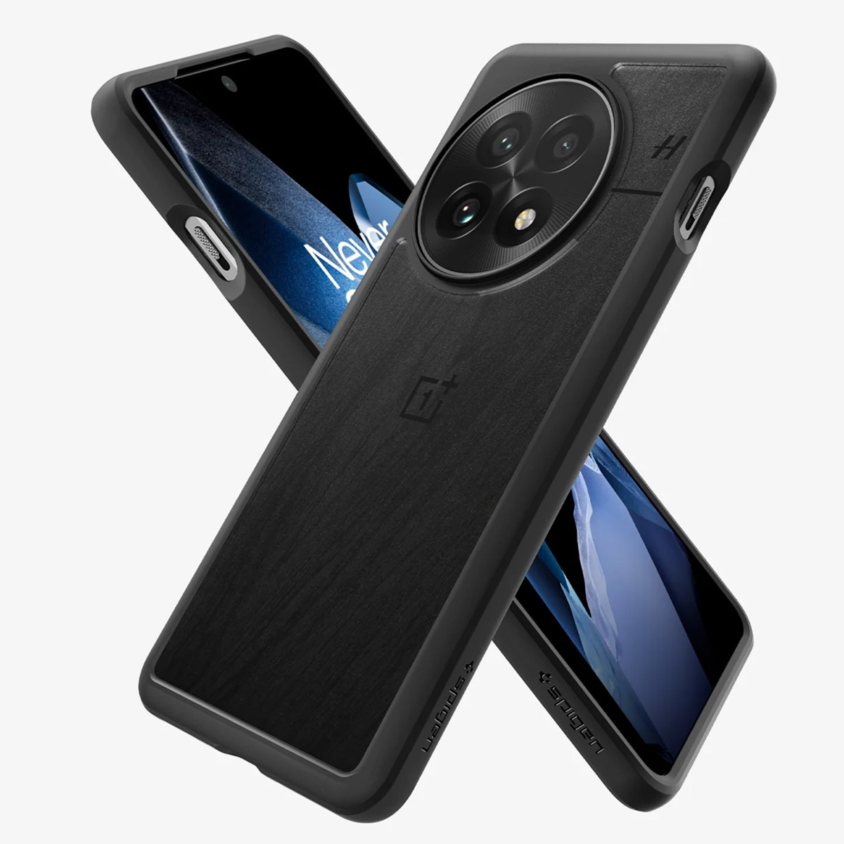 Twee zwarte telefoons staan schuin tegen een witte achtergrond, de ene toont de camera en de andere het scherm.