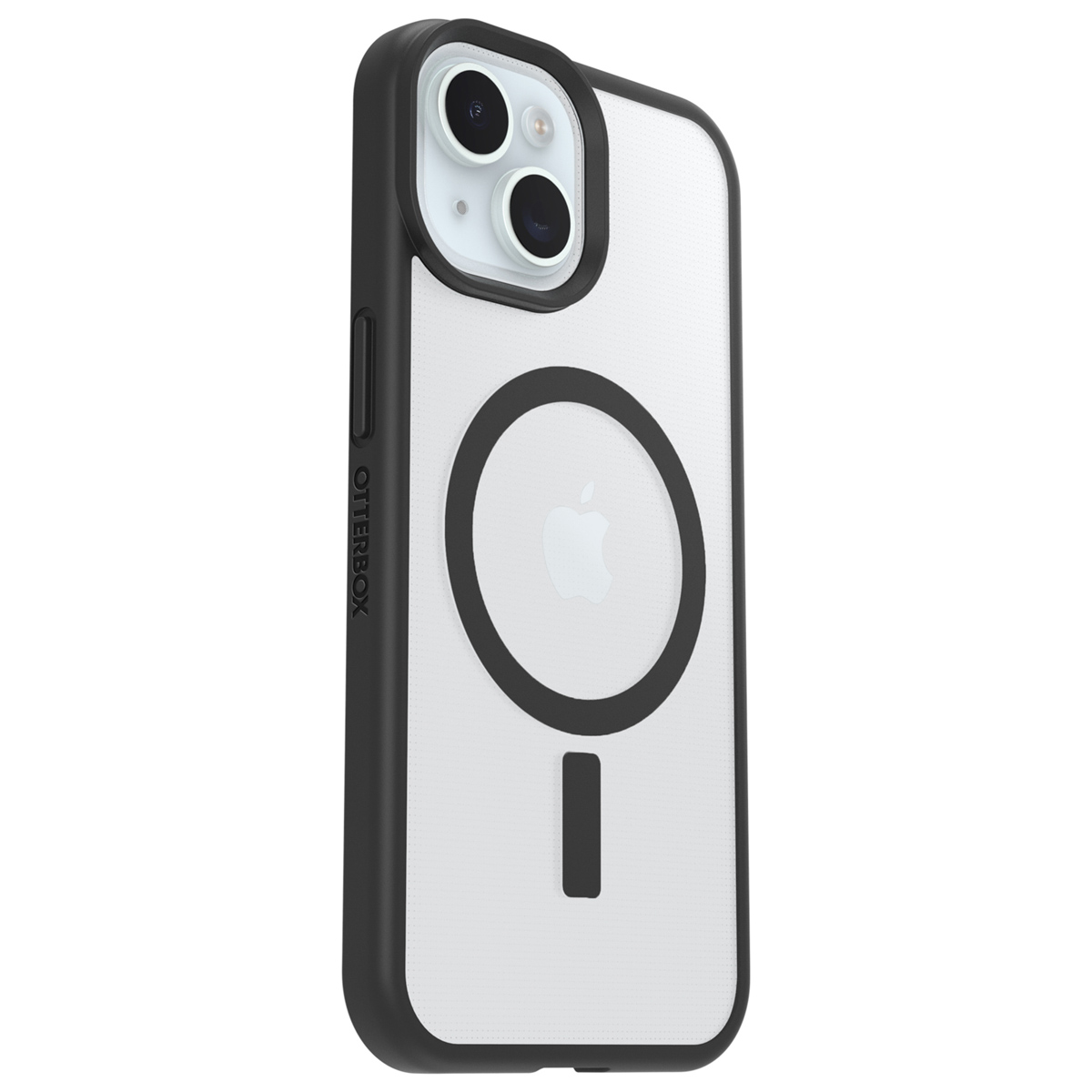Schwarze iPhone-Hülle mit klarer Rückseite, die die MagSafe-Kompatibilität zeigt, mit einem schlanken Design für Schutz und kabelloses Laden.