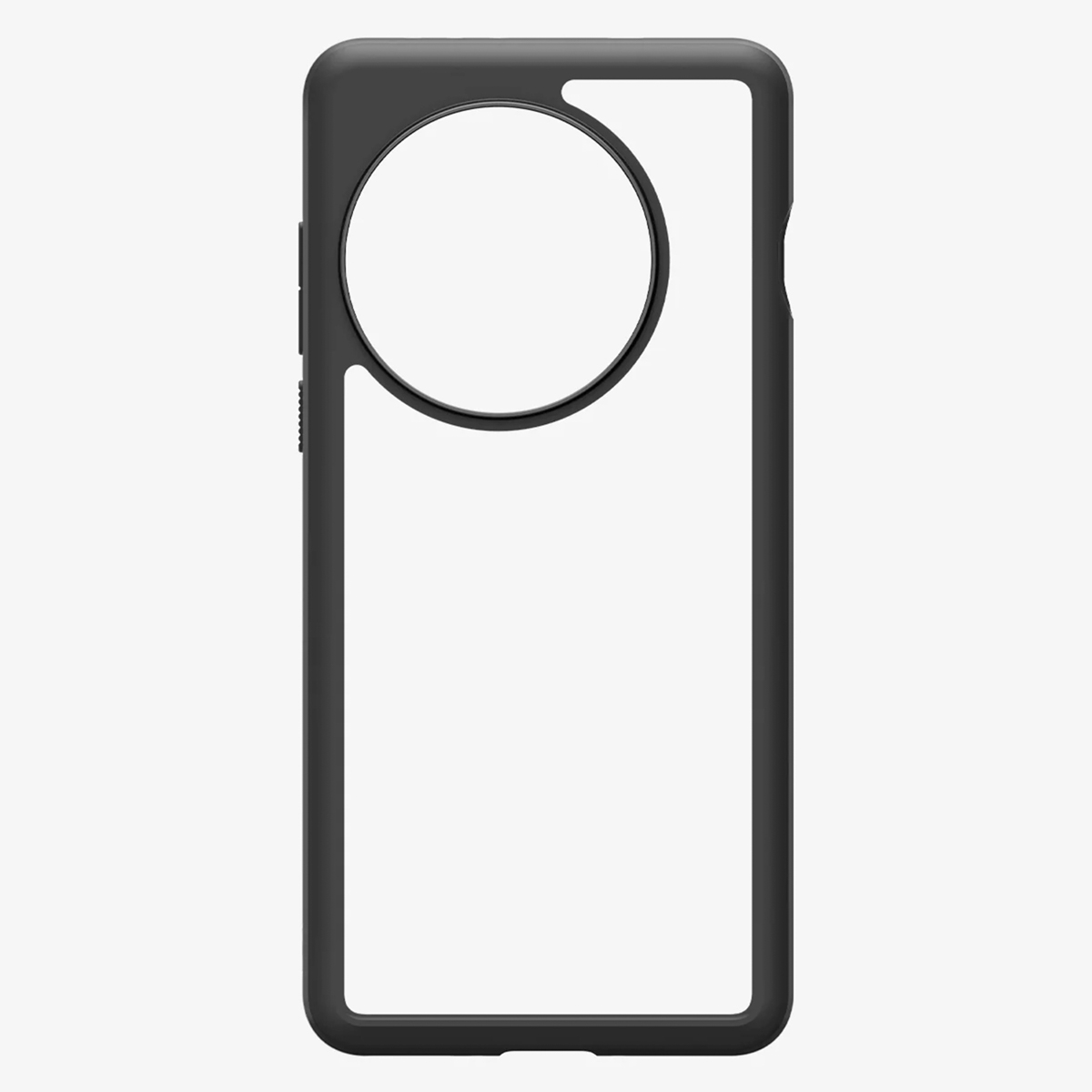 Zwart telefoonhoesje frame, met nadruk op camera-uitsparing en strak design tegen een witte achtergrond. Bescherming en stijl gecombineerd.