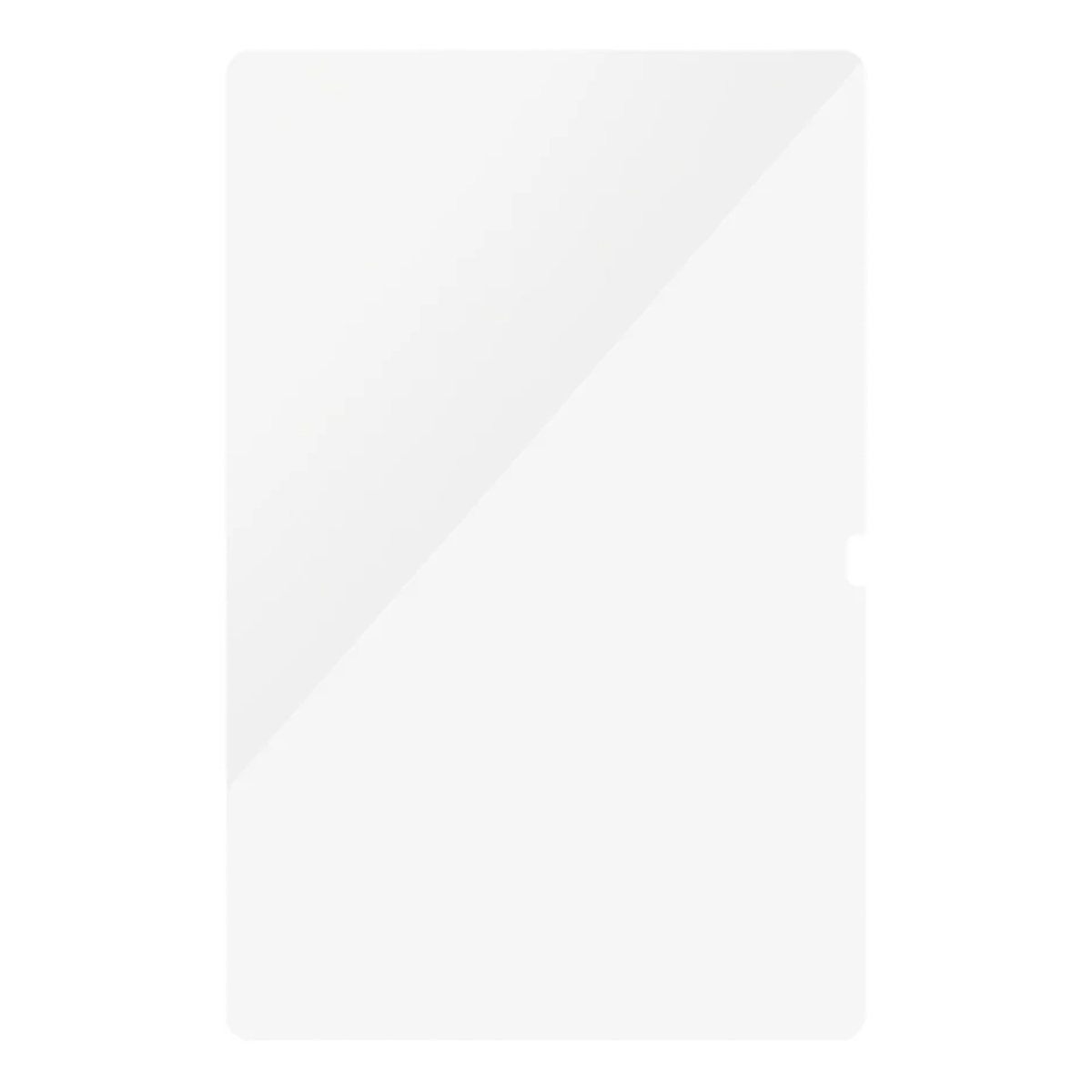 Clear screen protector for a tablet, angled to show its transparency and design, against a plain white background.