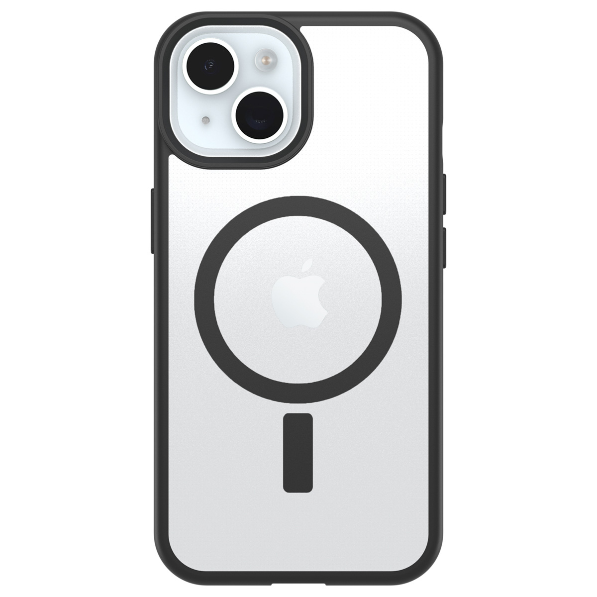 Klare iPhone-Hülle mit schwarzem Stoßfänger und MagSafe-Ring, die Schutz bietet und gleichzeitig das Design und die Funktionen des Telefons zur Geltung bringt.