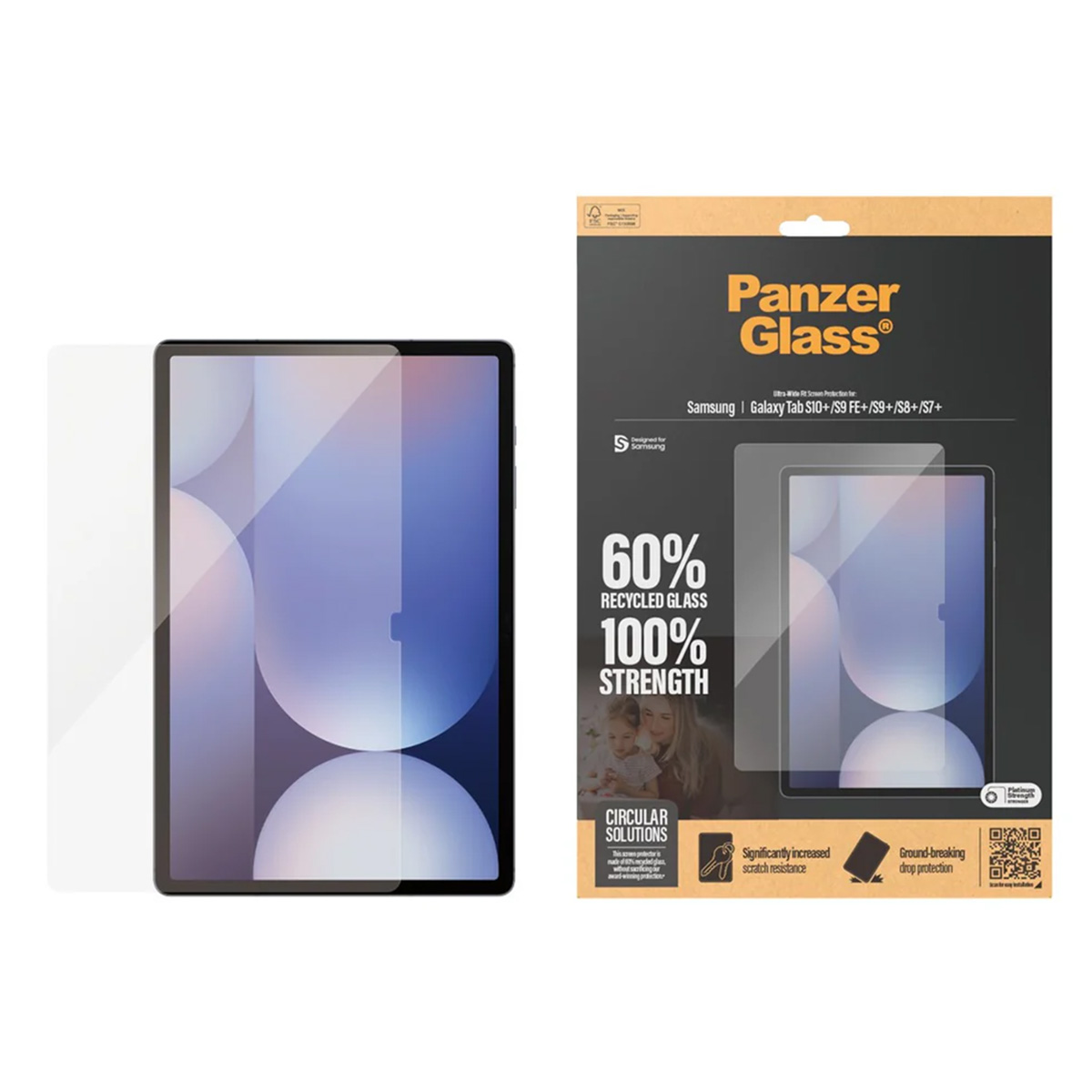 Tablet screen protector with packaging, highlighting circular solutions and increased scratch resistance on a bright background.