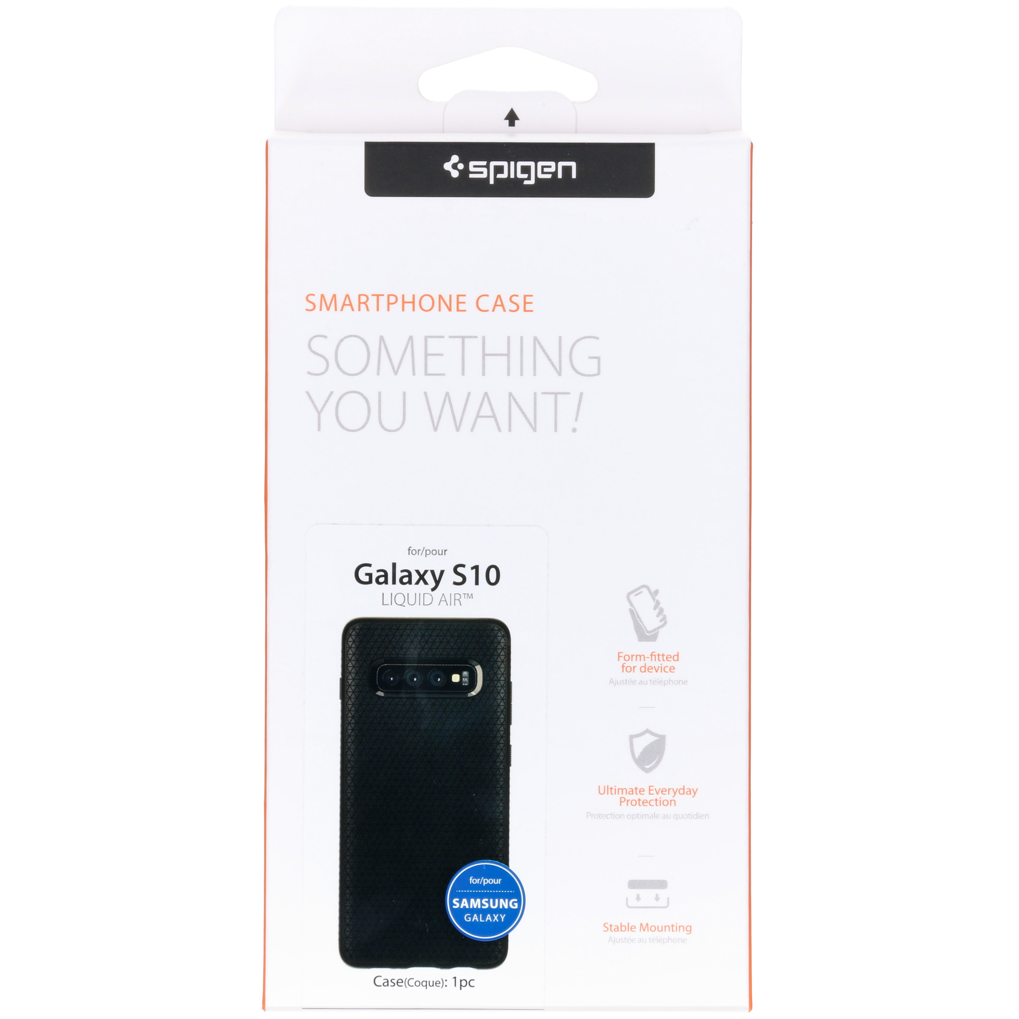 Verpackung für eine schwarze Spigen Galaxy S10 Liquid Air Smartphone-Hülle.
