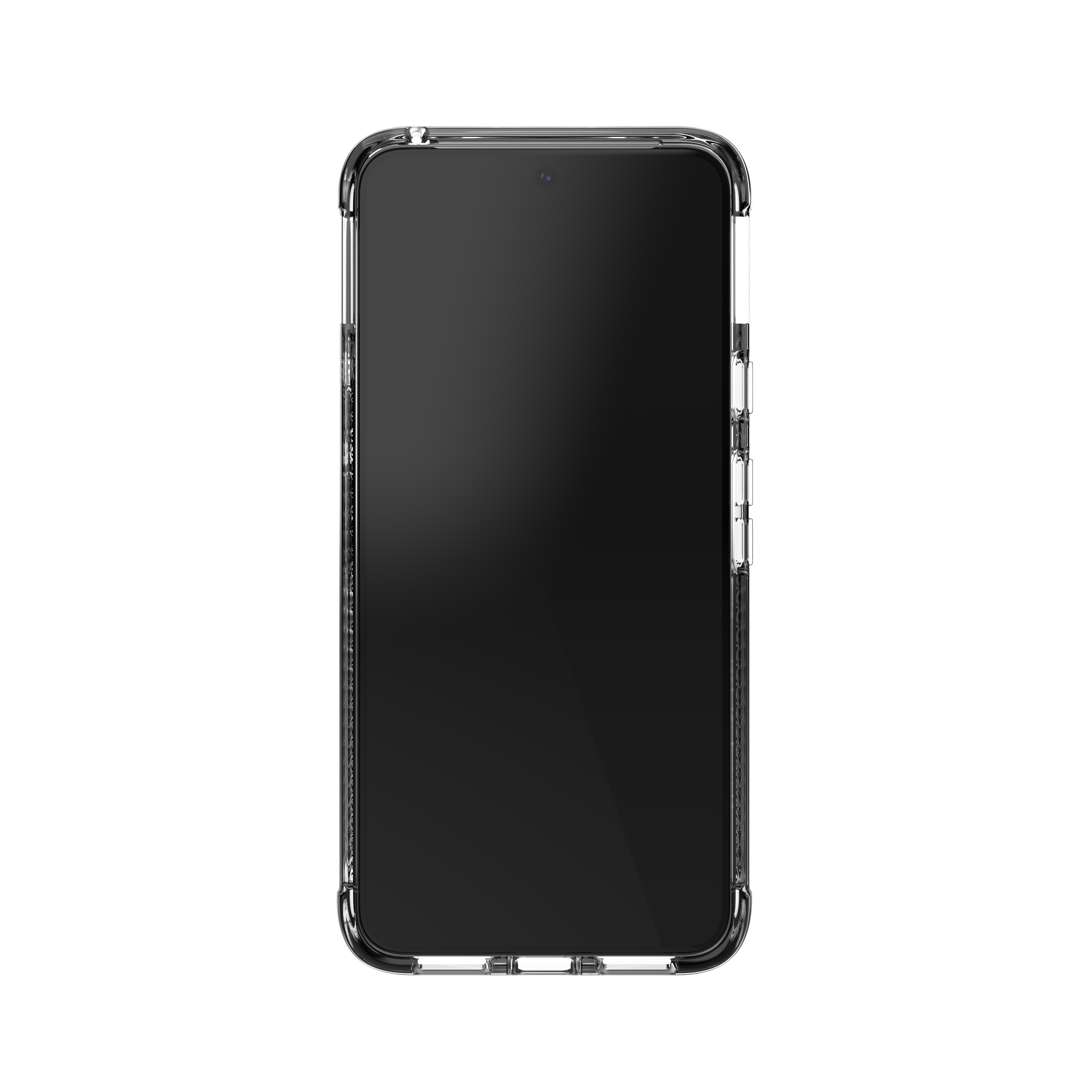 Vooraanzicht van een telefoon in een doorzichtig hoesje, dat het strakke ontwerp en het scherm laat zien.