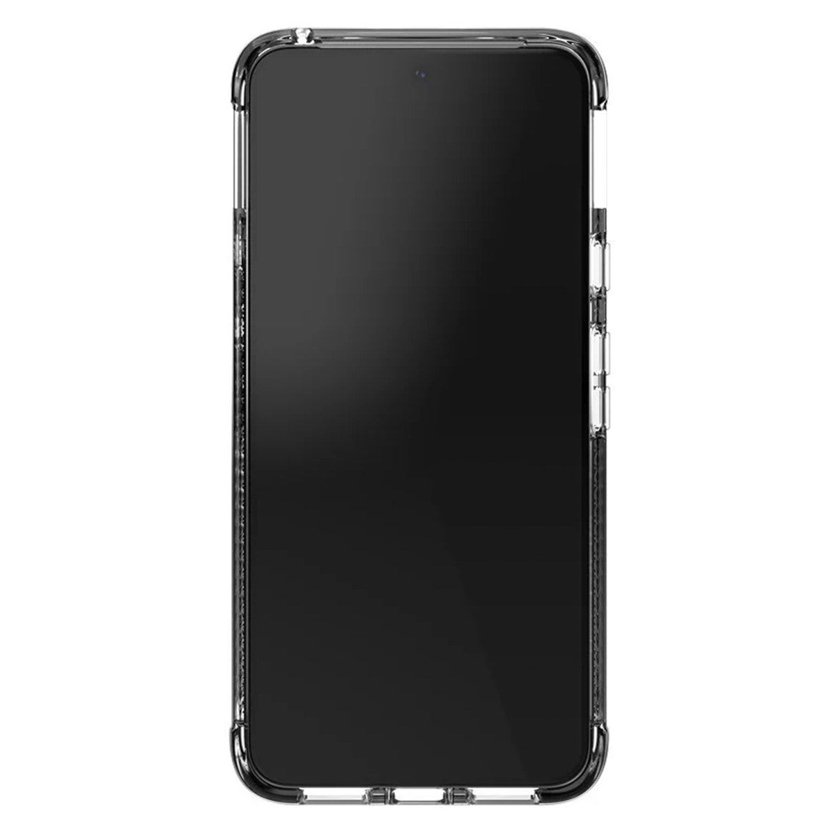 Vooraanzicht van een doorzichtig telefoonhoesje op een telefoon, met een zwart scherm.