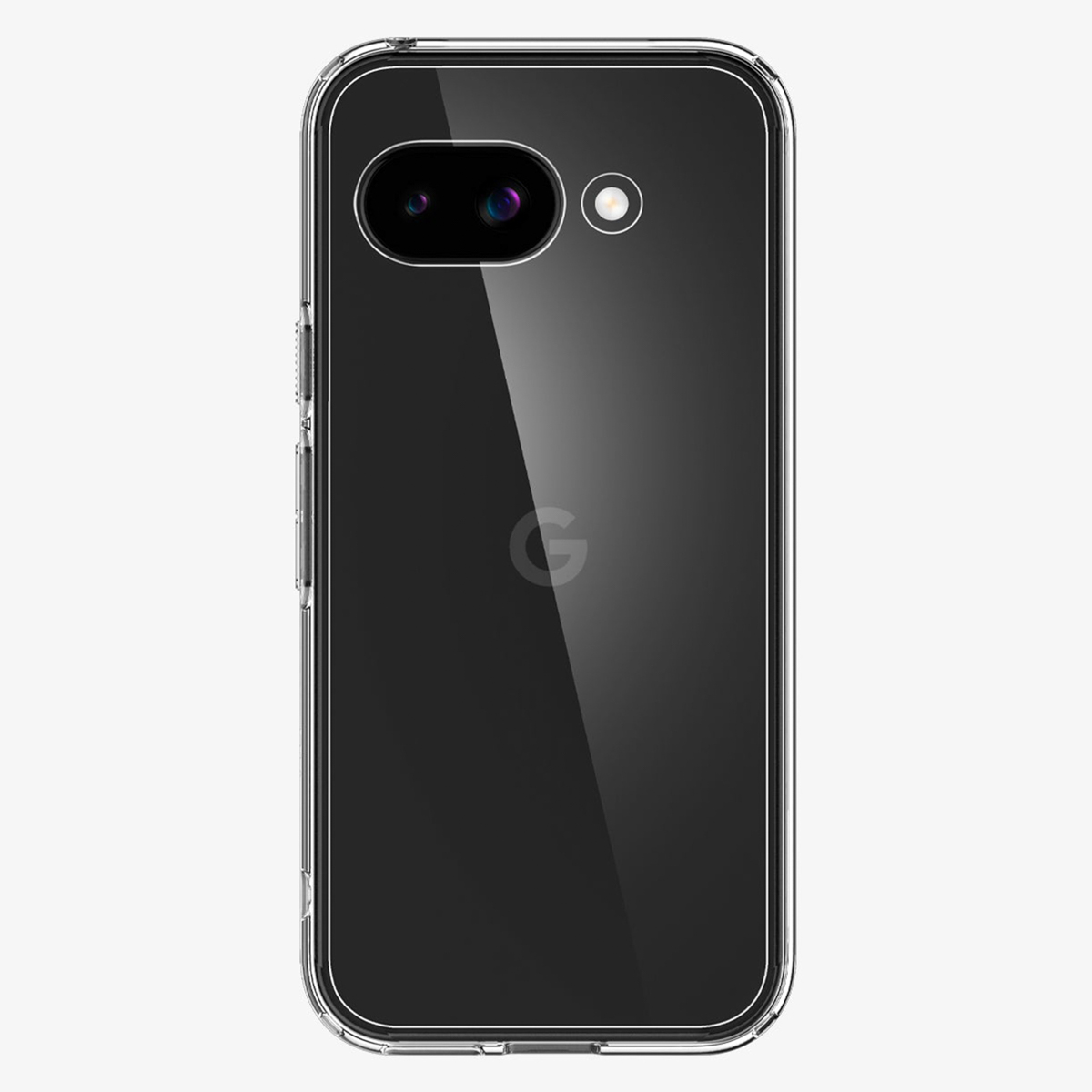 Een doorzichtige telefoonhoes toont de achterkant van een Google Pixel-telefoon met het Google-logo.