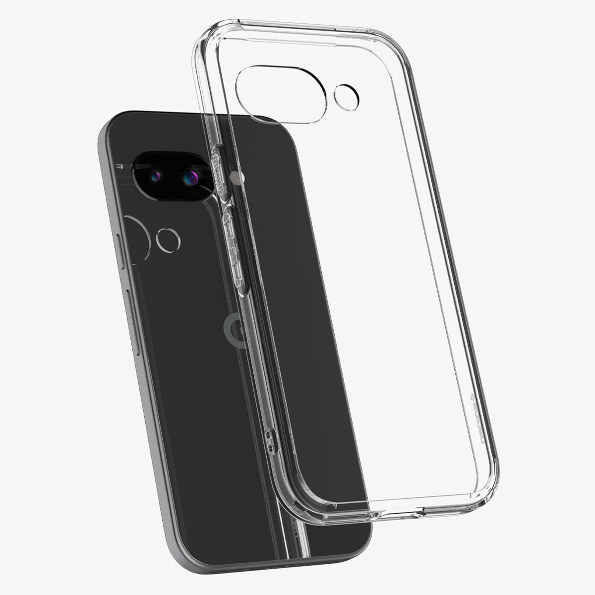 Een doorzichtige telefoonhoes naast een Google Pixel-telefoon onthult het Google-logo.
