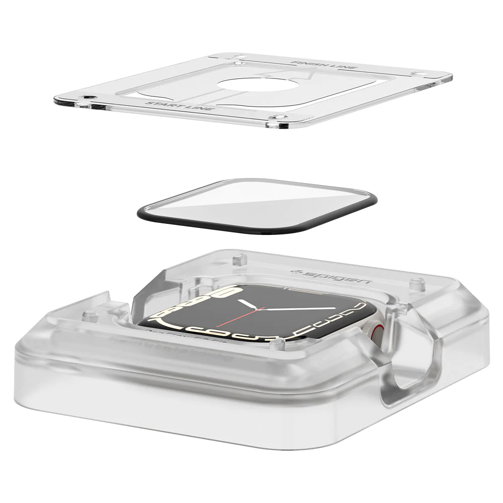 Un kit proteggi schermo trasparente per Apple Watch con componenti su sfondo bianco.