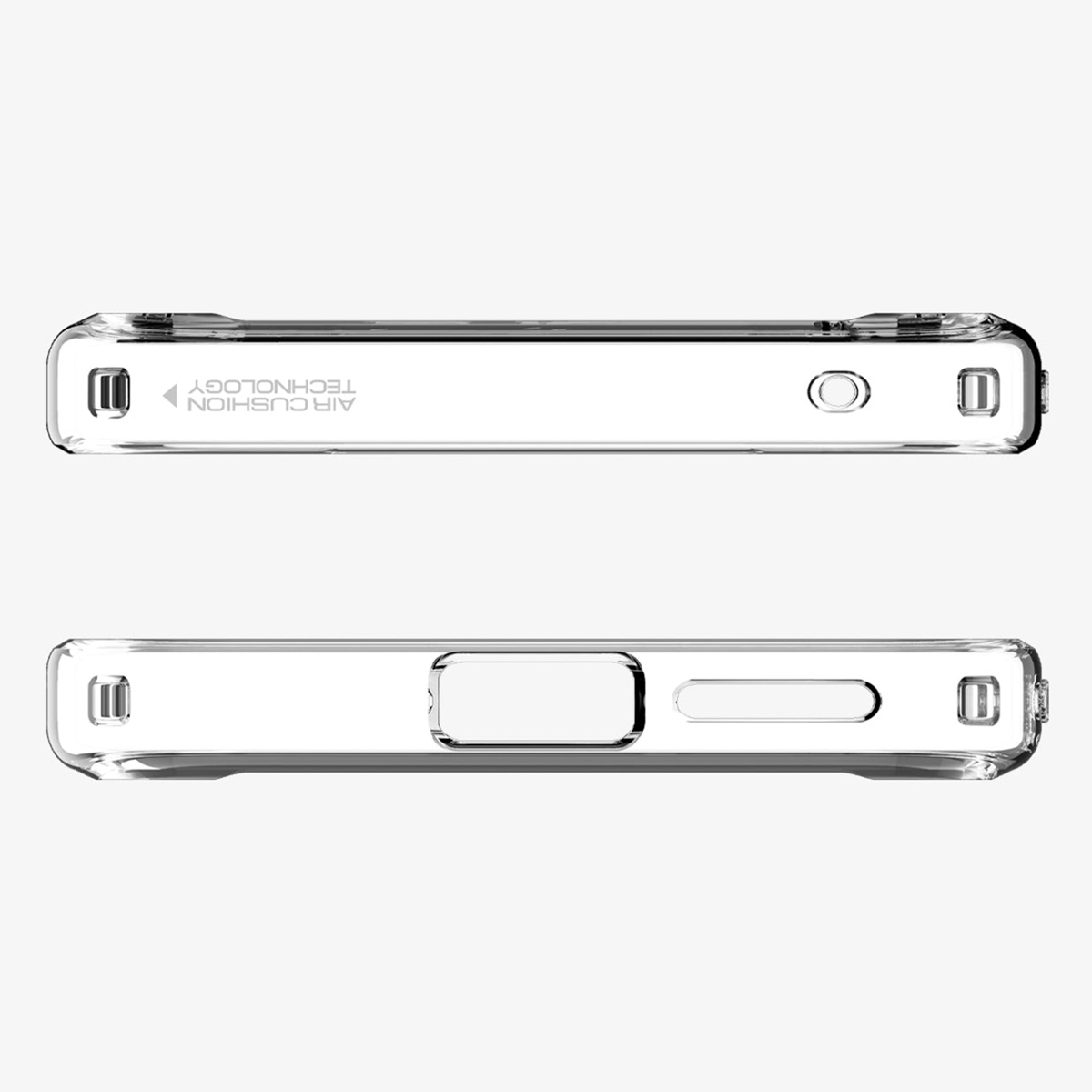 Een doorzichtige telefoonhoes toont de zijkant met knopdetails en luchtkussentechnologie.