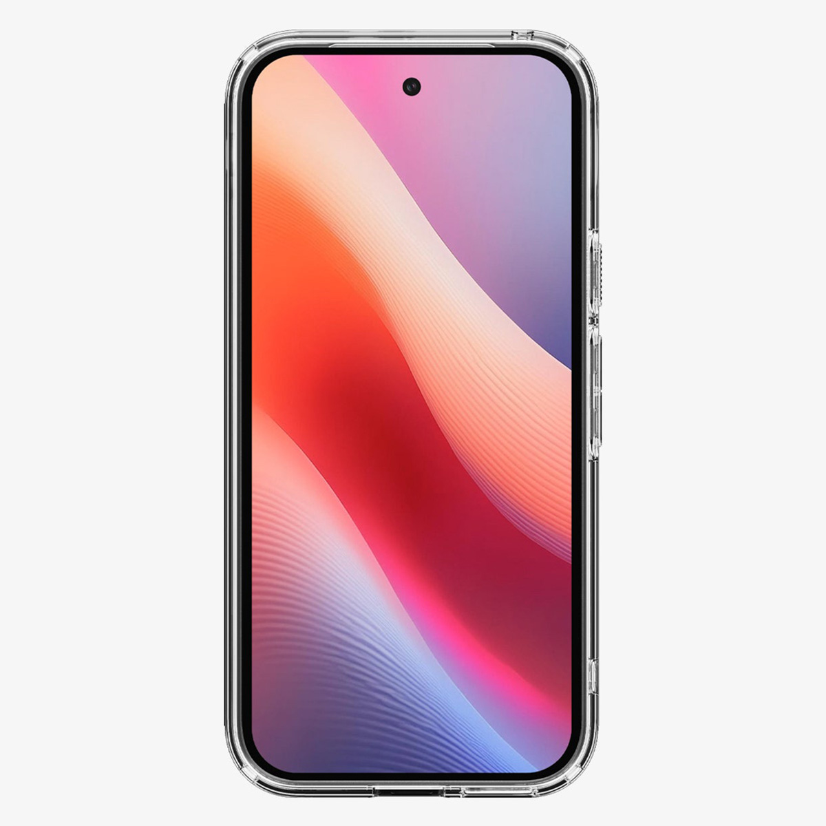 Een doorzichtige telefoonhoes toont een telefoonscherm met een kleurrijke, abstracte achtergrond.