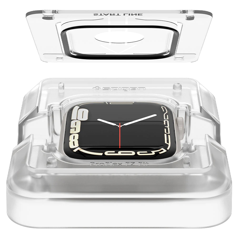 Un kit proteggi schermo per Apple Watch mostra i suoi componenti su uno sfondo bianco.
