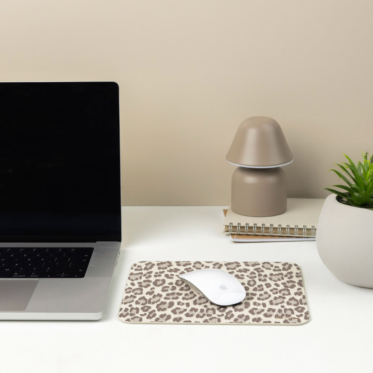 A laptop, lamp, mousepad, and plant sit on a desk in a well-lit, neutral-toned room.