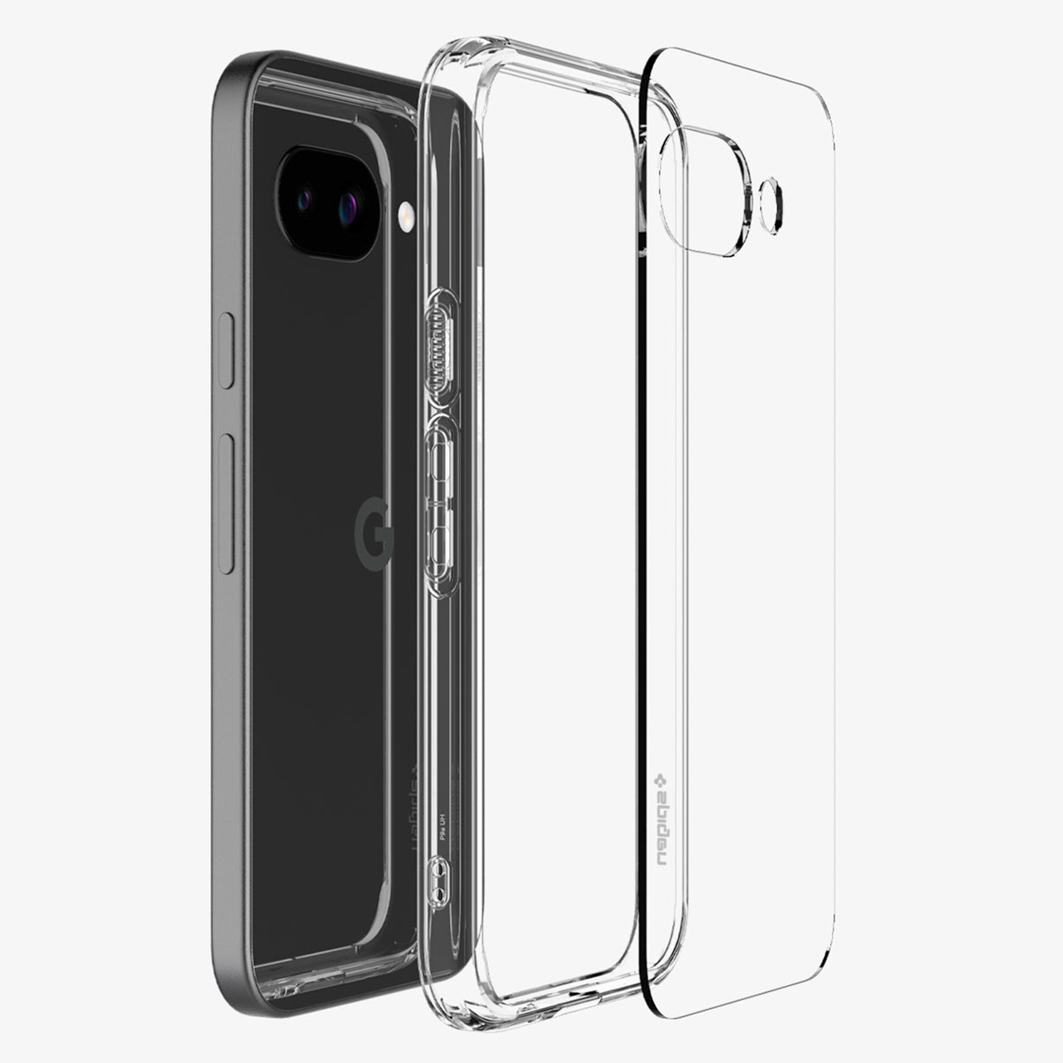 Een doorzichtige telefoonhoes wordt weergegeven naast een Google Pixel-telefoon. Het ontwerp van de hoes is zichtbaar.