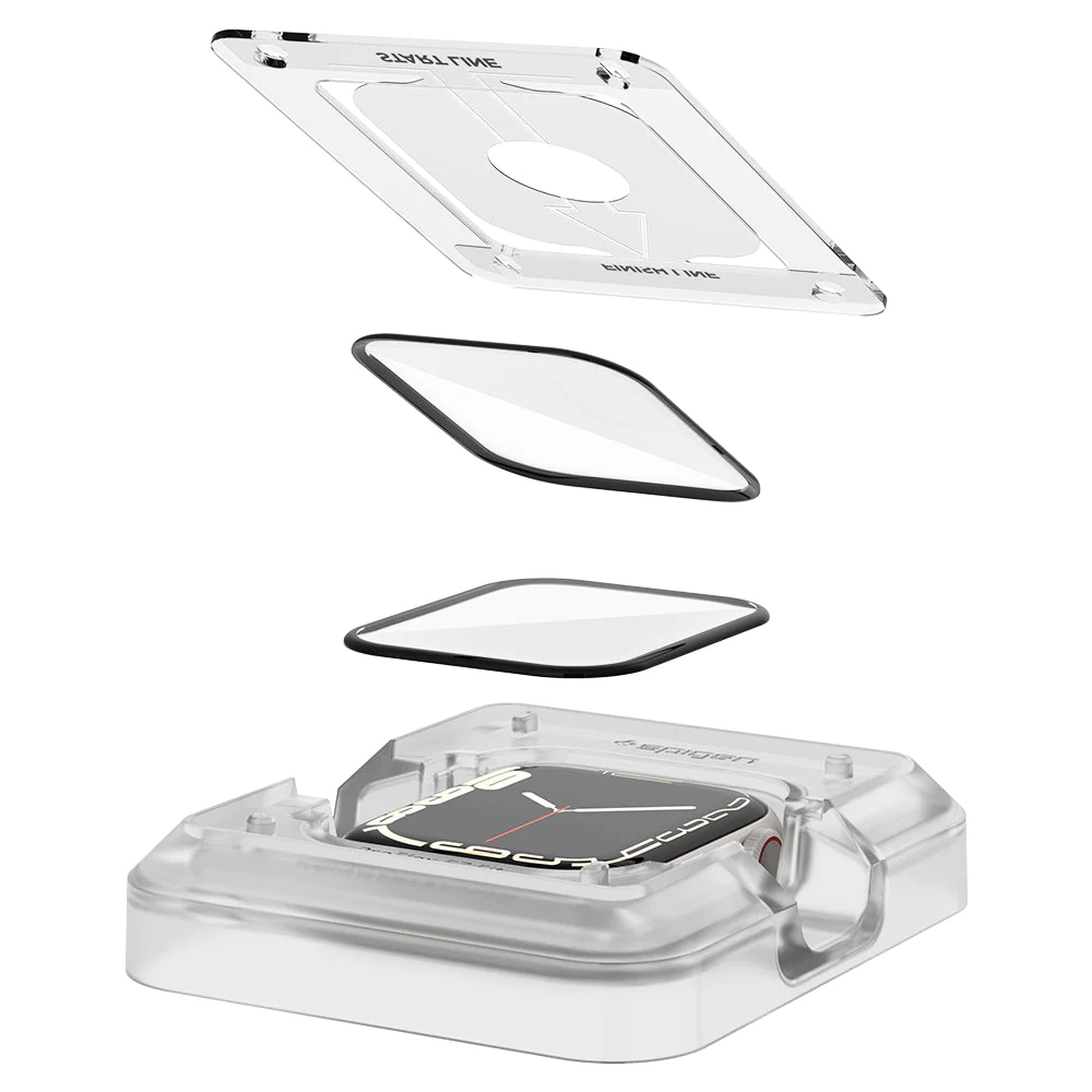 Un kit proteggi schermo per Apple Watch con componenti su sfondo bianco.
