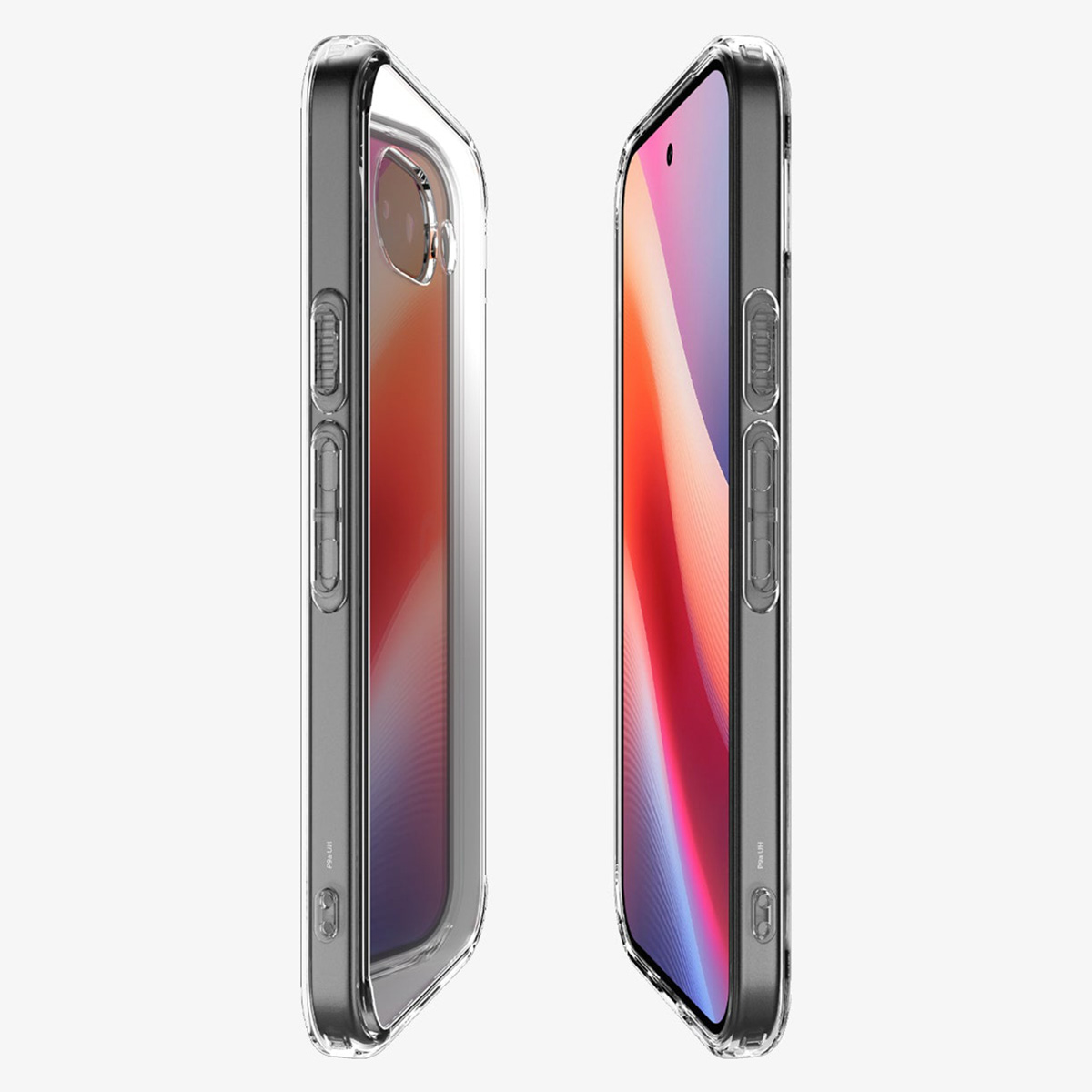 Twee transparante telefoonhoesjes, één op een telefoon met een verloopsscherm, die ontwerp en bescherming laat zien.
