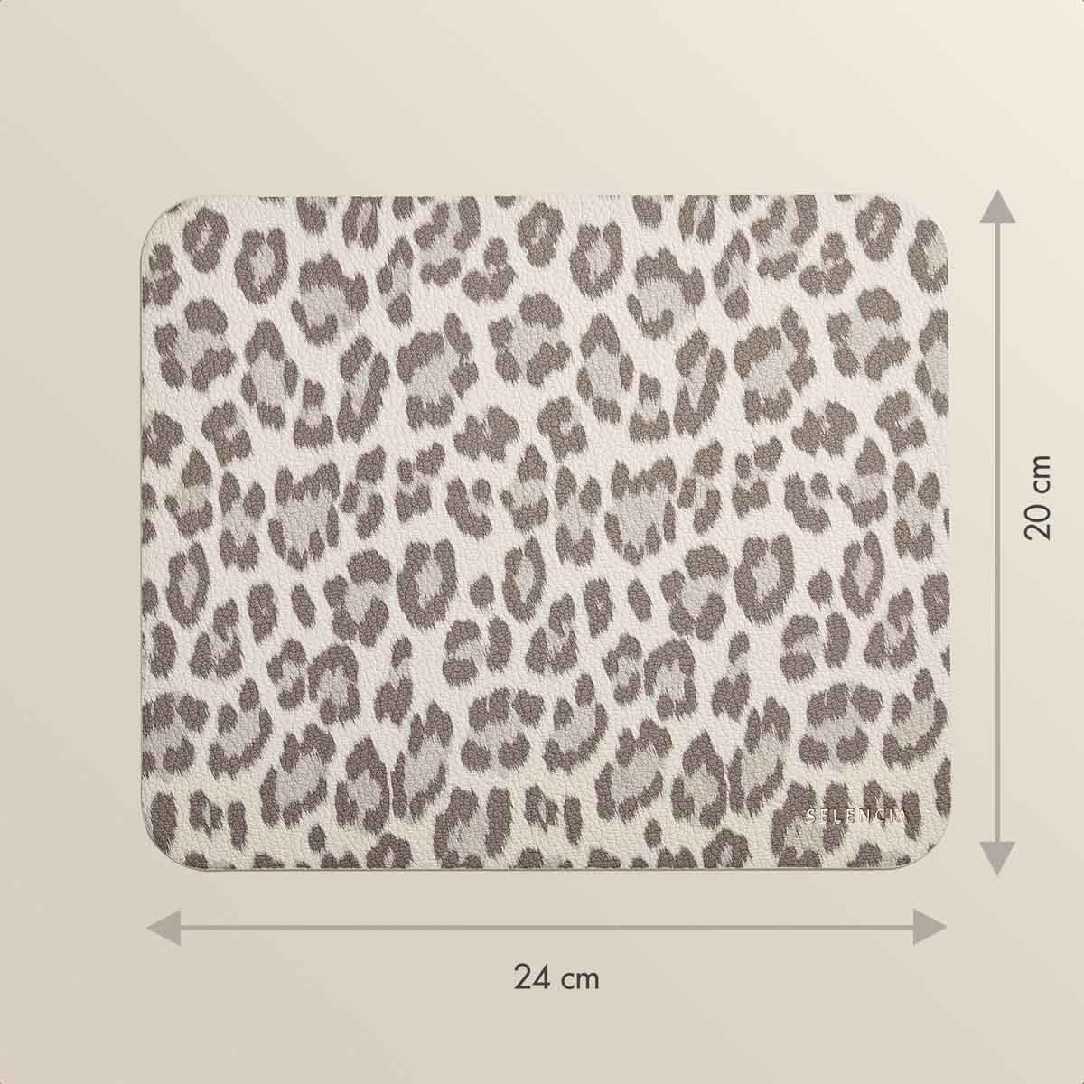 Leopard print mousepad with dimensions 20cm x 24cm, showing the pattern and size on a neutral background.