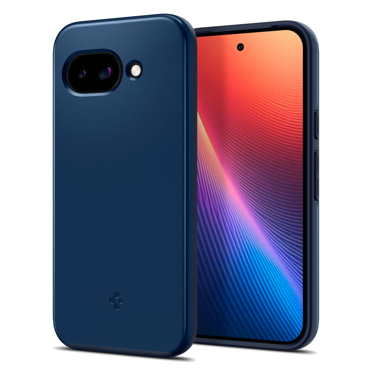 Deux téléphones avec des coques bleu marine, l'un affichant un écran dégradé, côte à côte sur un fond blanc.