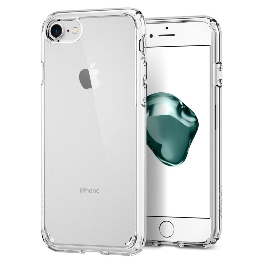 Custodia trasparente per iPhone che mostra il logo Apple, che mostra protezione e design su uno sfondo bianco.