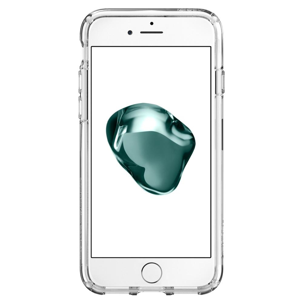 Custodia trasparente per telefono su un telefono che mostra un'immagine astratta blu, che mostra protezione e design sul bianco.