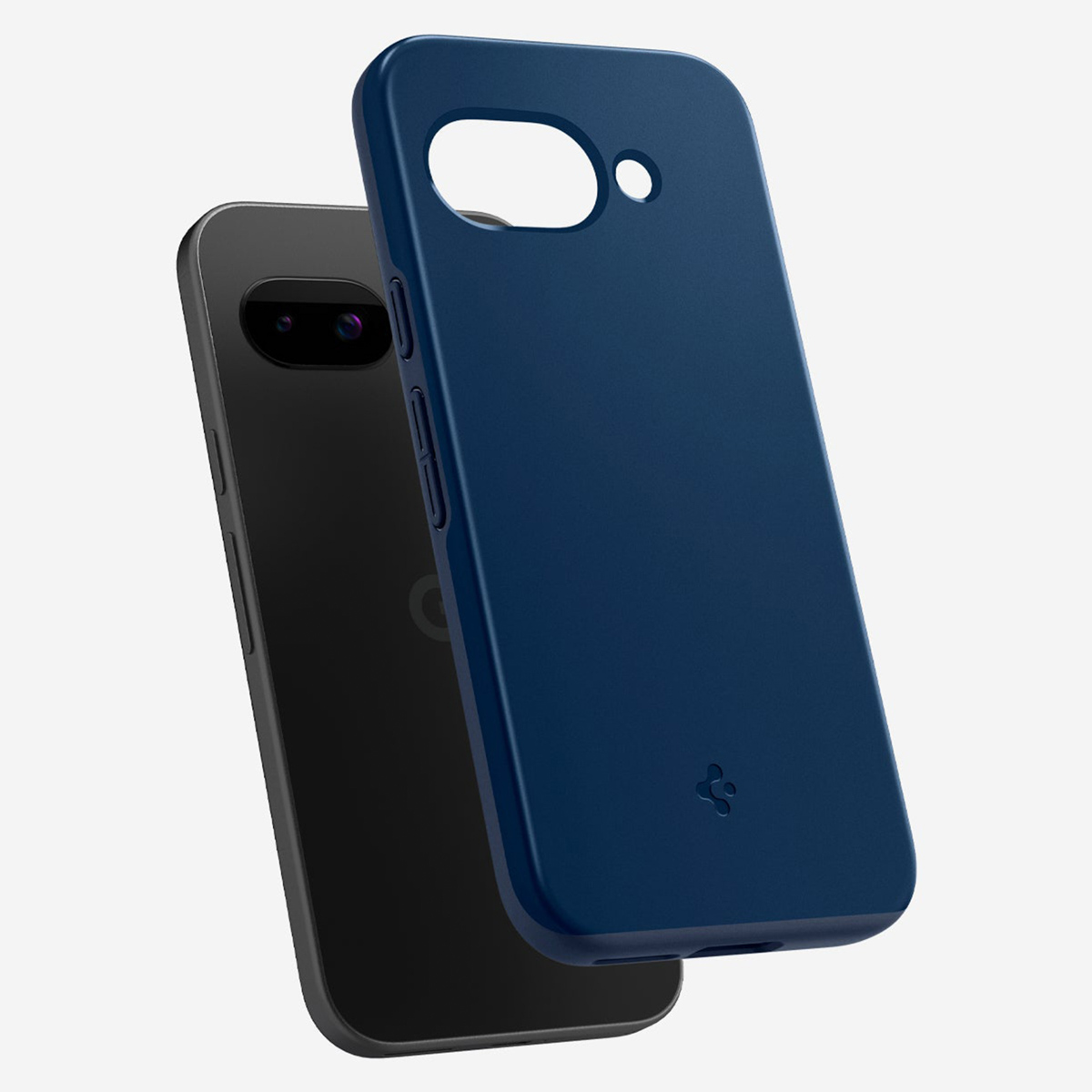 Coque de téléphone bleu marine à côté d'un téléphone, montrant le design de la coque et comment elle s'adapte au téléphone.