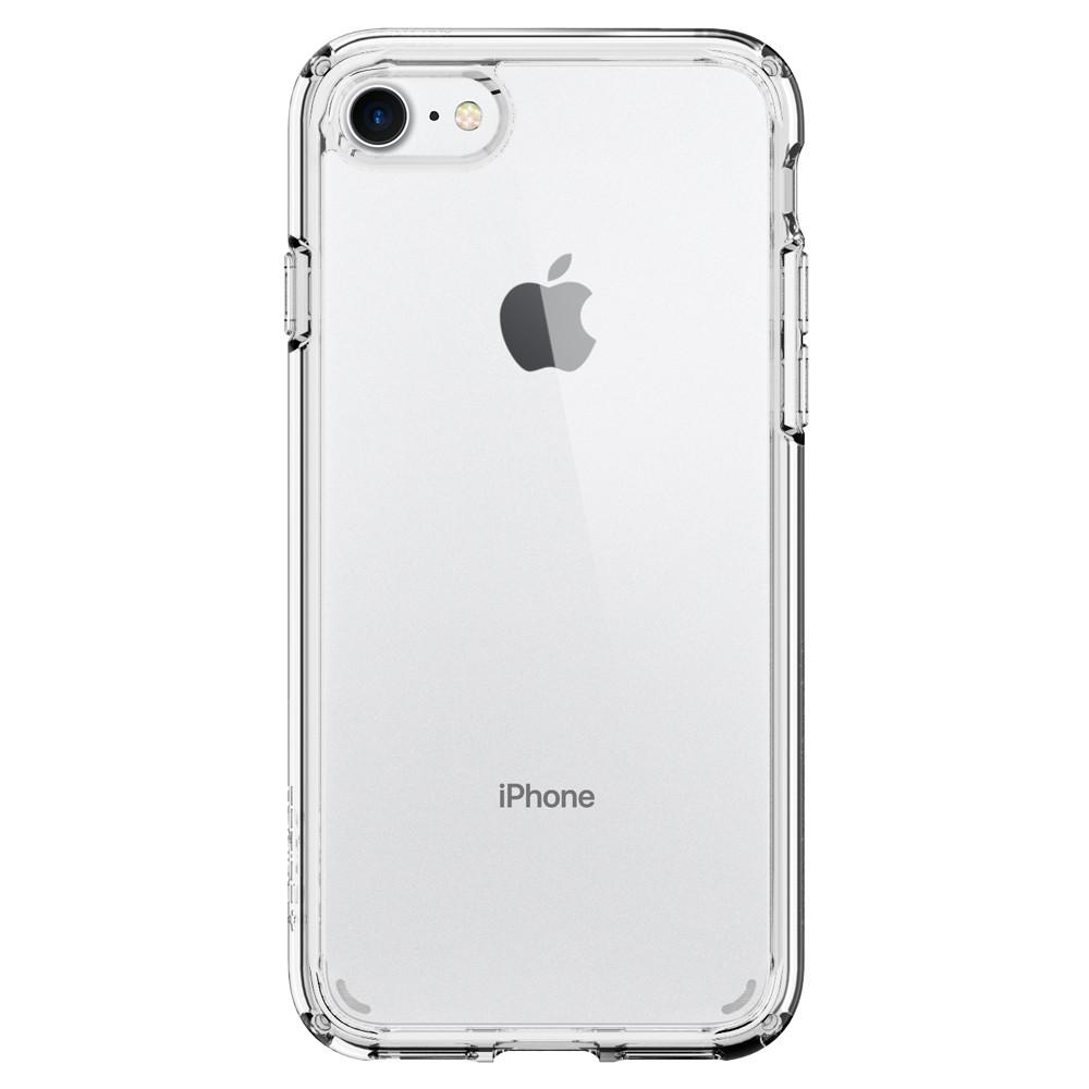 Custodia trasparente per iPhone su un telefono che mostra uno schermo bianco, che mostra protezione e design su uno sfondo bianco.