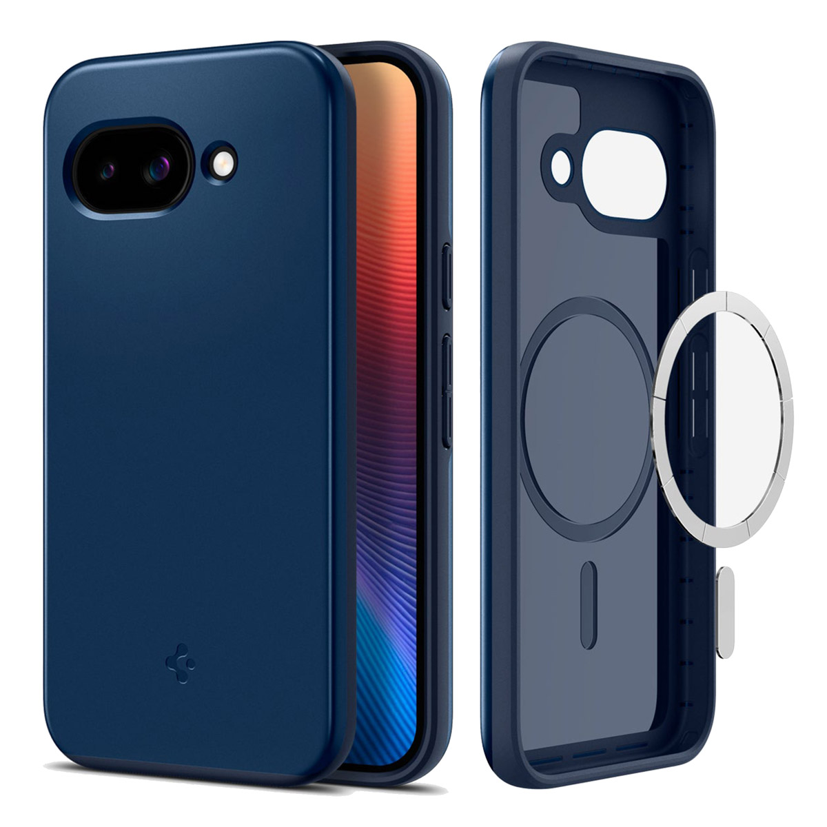 Un étui de téléphone bleu à côté d'un téléphone affichant un écran coloré sur un fond blanc.