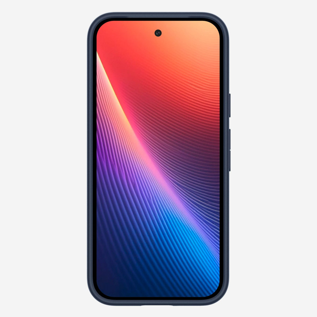 Un téléphone affiche un écran coloré et dynamique avec un étui bleu sur un fond blanc.