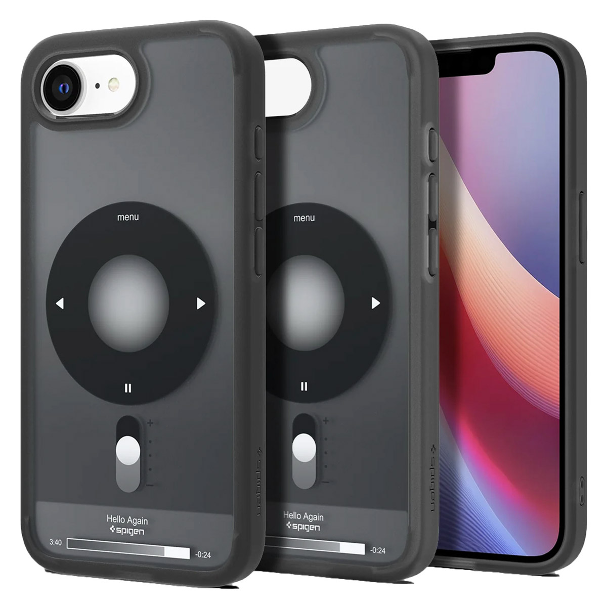 Deux étuis de téléphone gris avec une interface de lecteur de musique, à côté d'un téléphone.