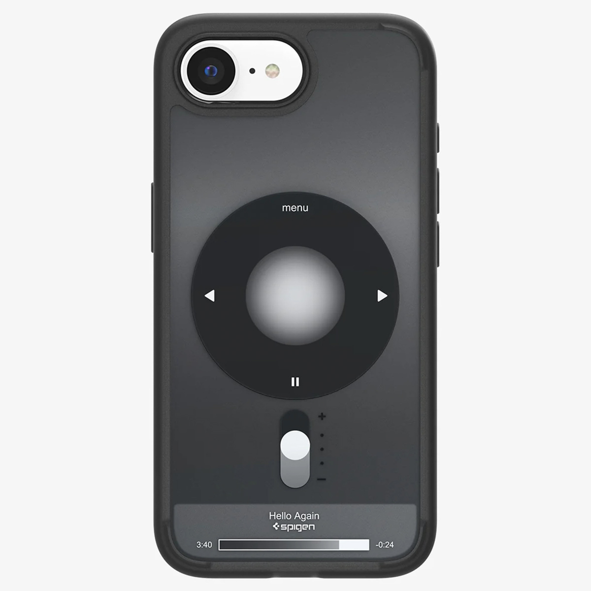 Étui de téléphone gris avec une interface de lecteur de musique sur fond blanc.