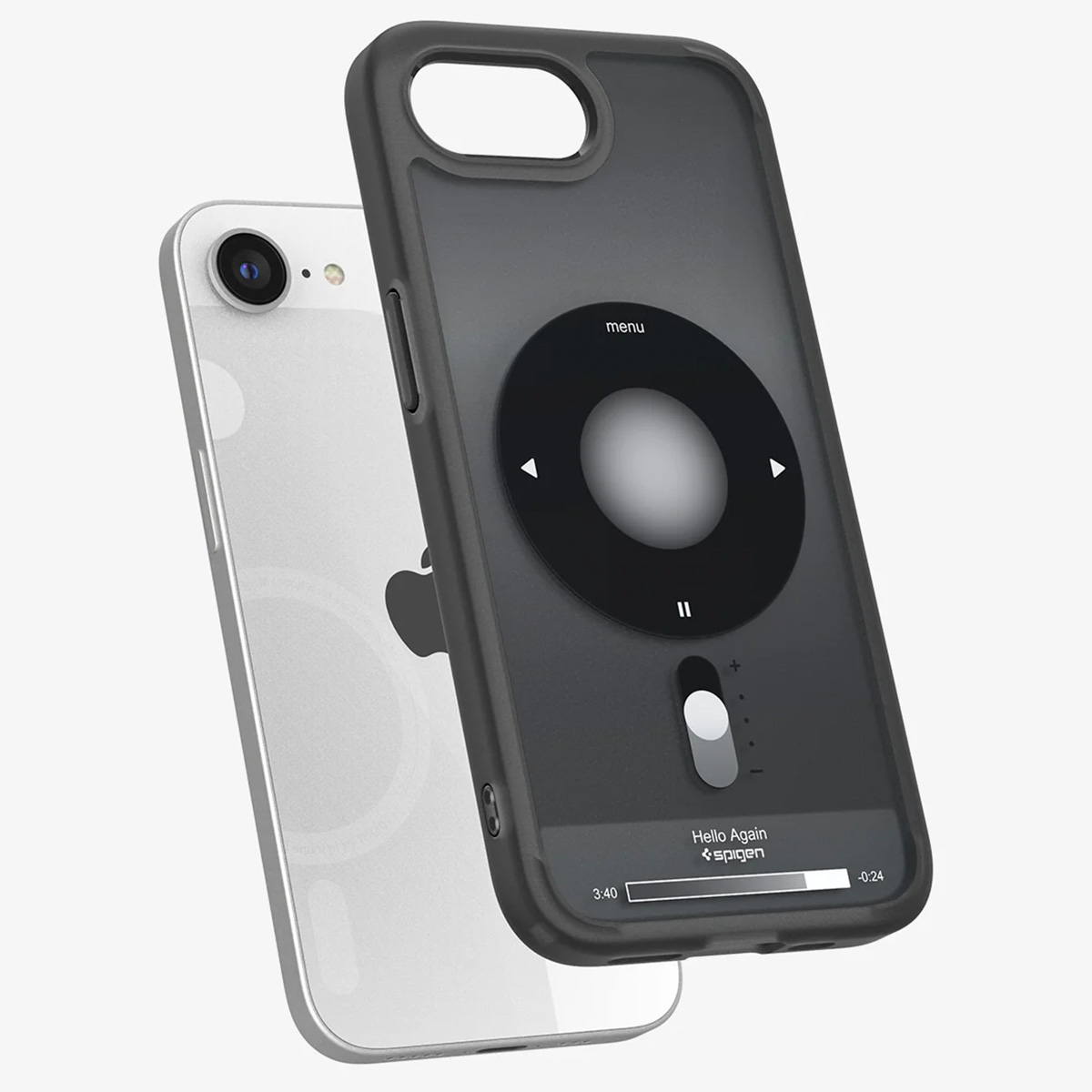 Étui de téléphone gris avec une interface de lecteur de musique à côté d'un téléphone.