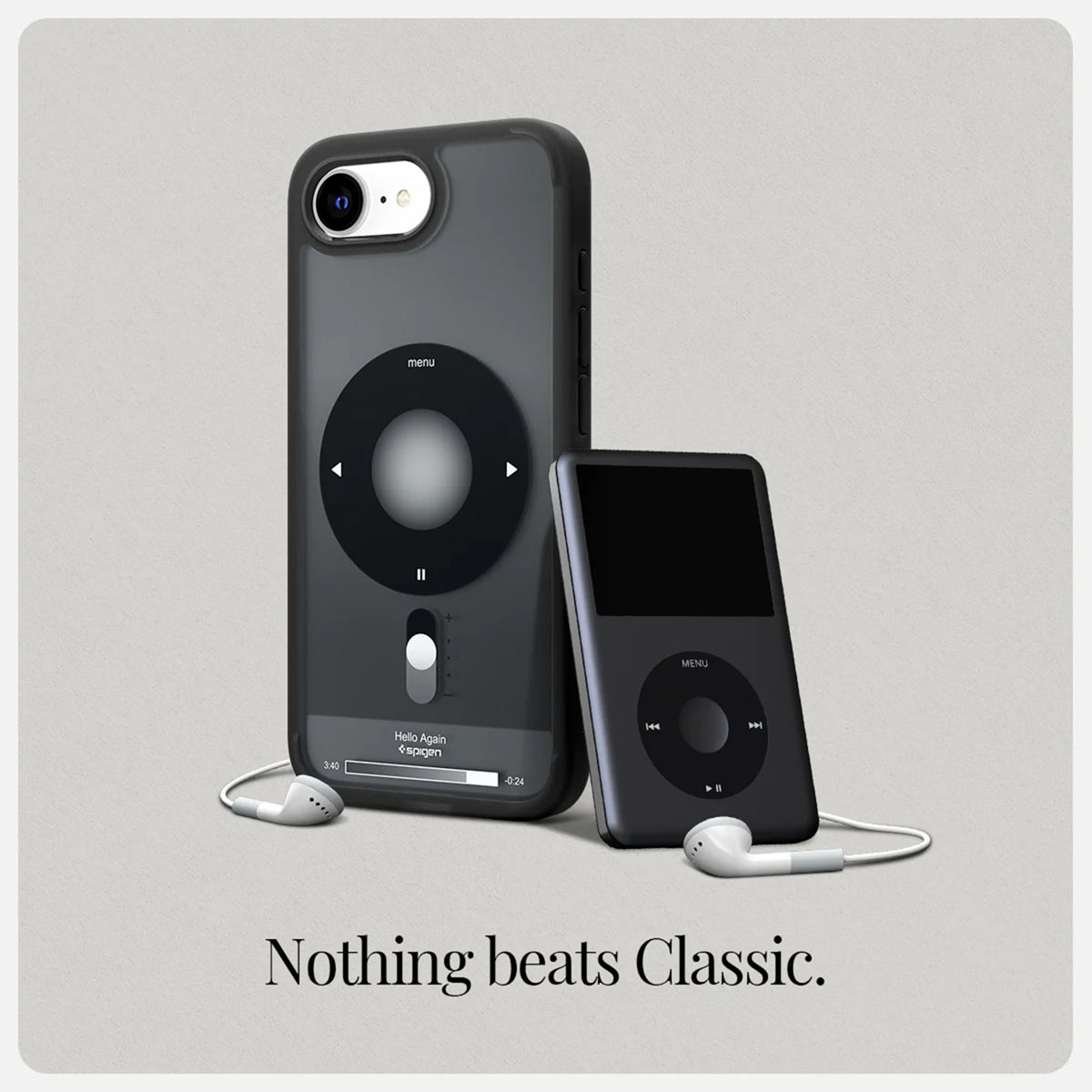 Étui de téléphone gris avec une interface de lecteur de musique à côté d'un iPod classique.