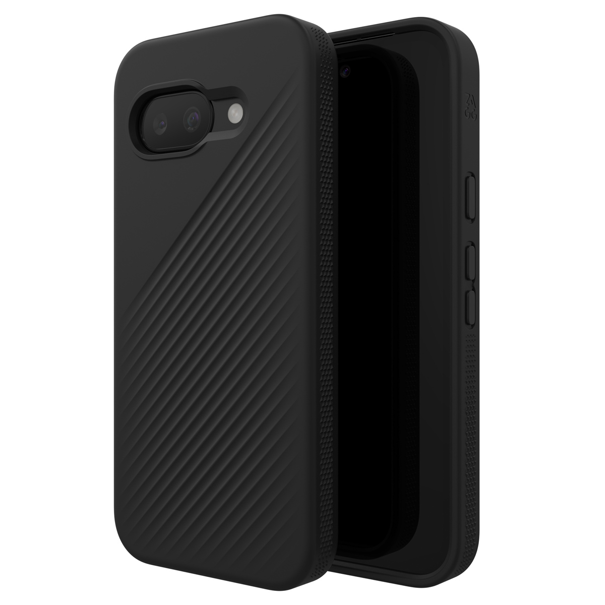 Zwarte telefoonhoes met een diagonaal patroon, naast een telefoon.