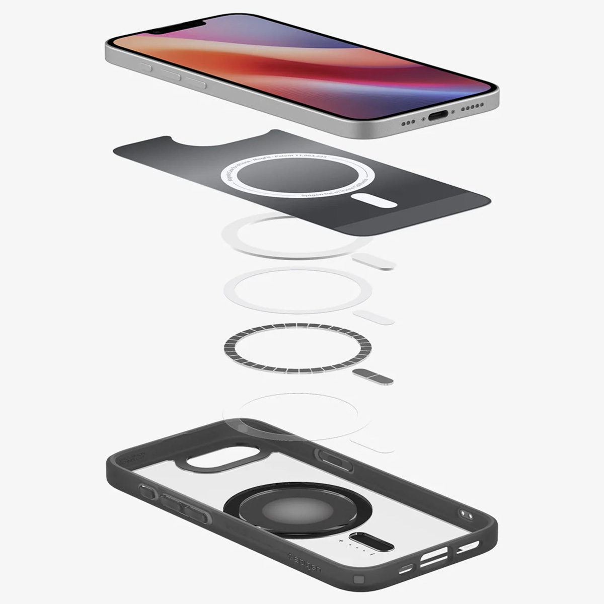 Vue éclatée d'un étui de téléphone montrant ses couches et ses composants.