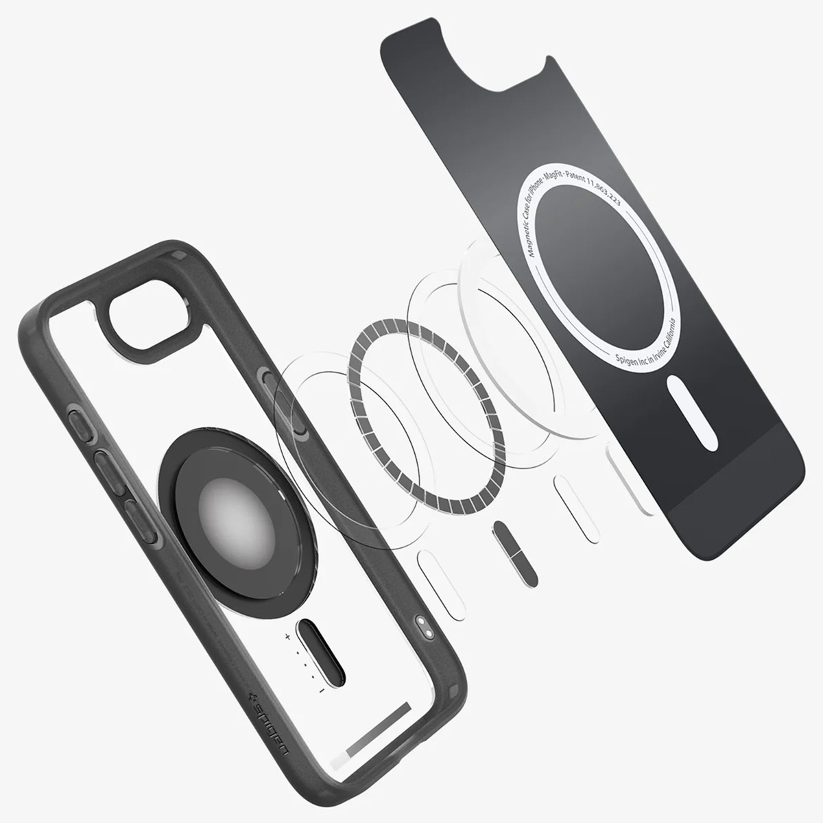 Vue éclatée des composants d'un étui de téléphone, y compris un anneau magnétique.