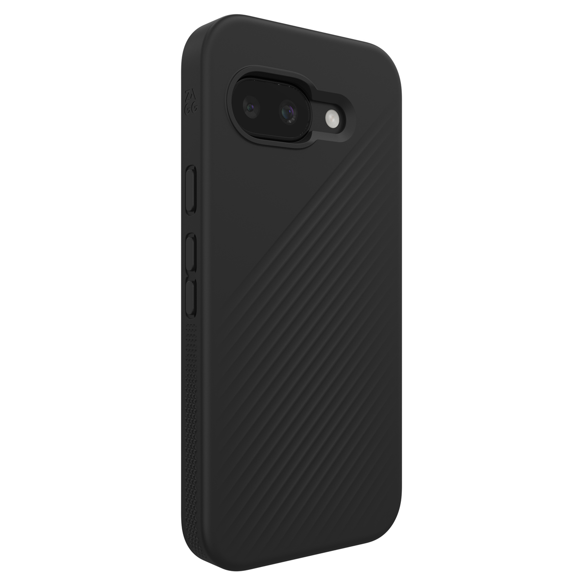 De afbeelding toont een zwarte telefoonhoes met een gestructureerde achterkant en een uitsparing voor de camera.