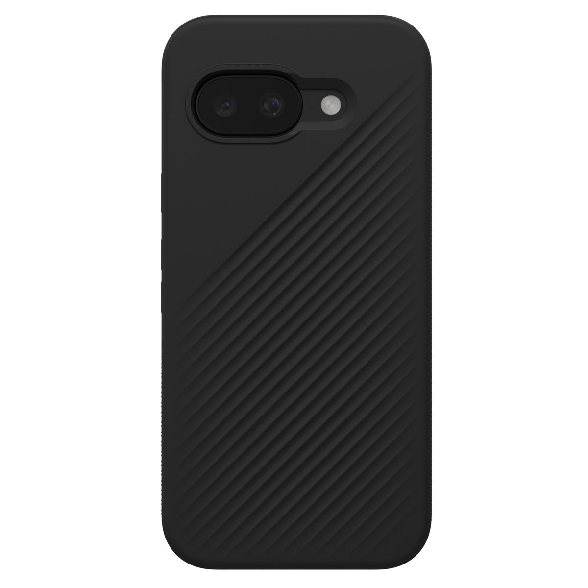 De afbeelding toont een zwarte telefoonhoes met een gestructureerde achterkant en een uitsparing voor de camera.