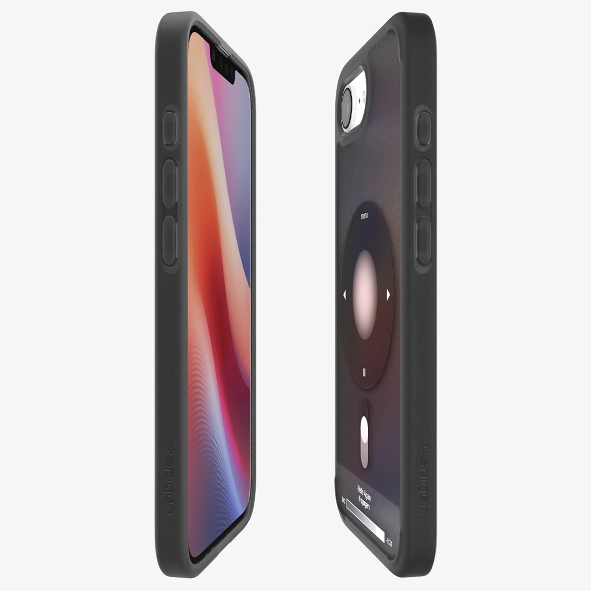 L'image montre deux téléphones avec des coques noires, l'un affichant un écran coloré et l'autre une interface iPod.